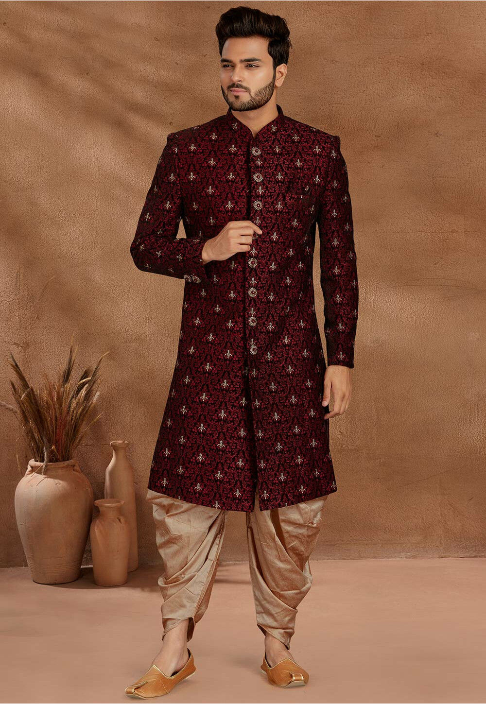 Dark best sale maroon sherwani
