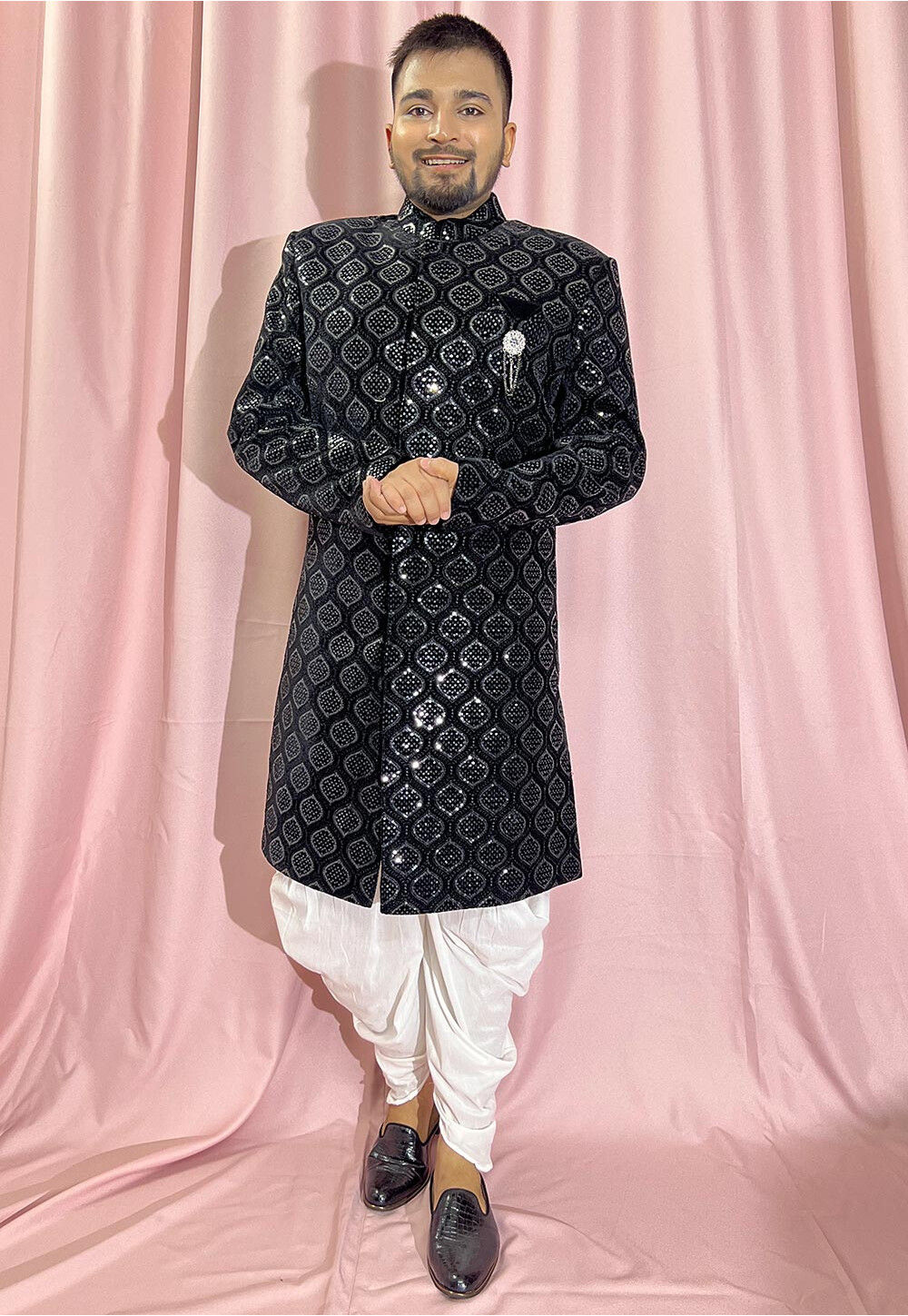 Babyhug Velvet Woven Full Sleeves Sherwani Set with Embroidery & Sequin Detailing - Black
