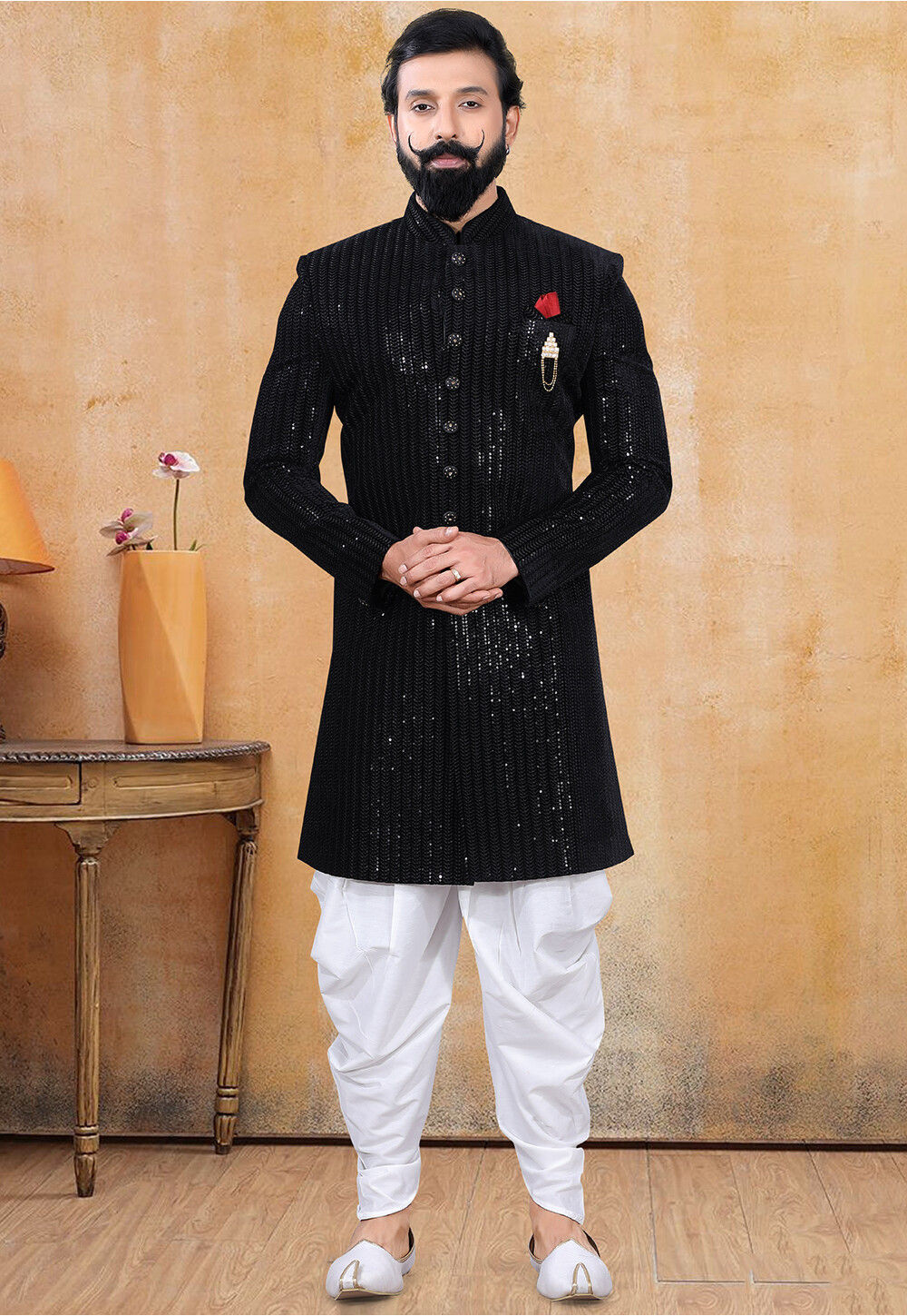 Embroidered Velvet Sherwani in Black