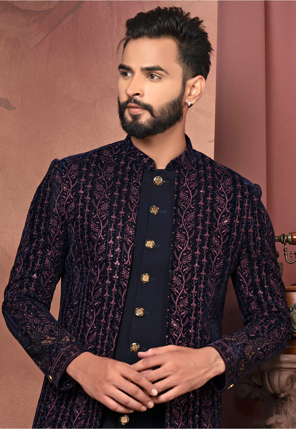 Navy Blue Velvet Sherwani D NO. M-67-13
