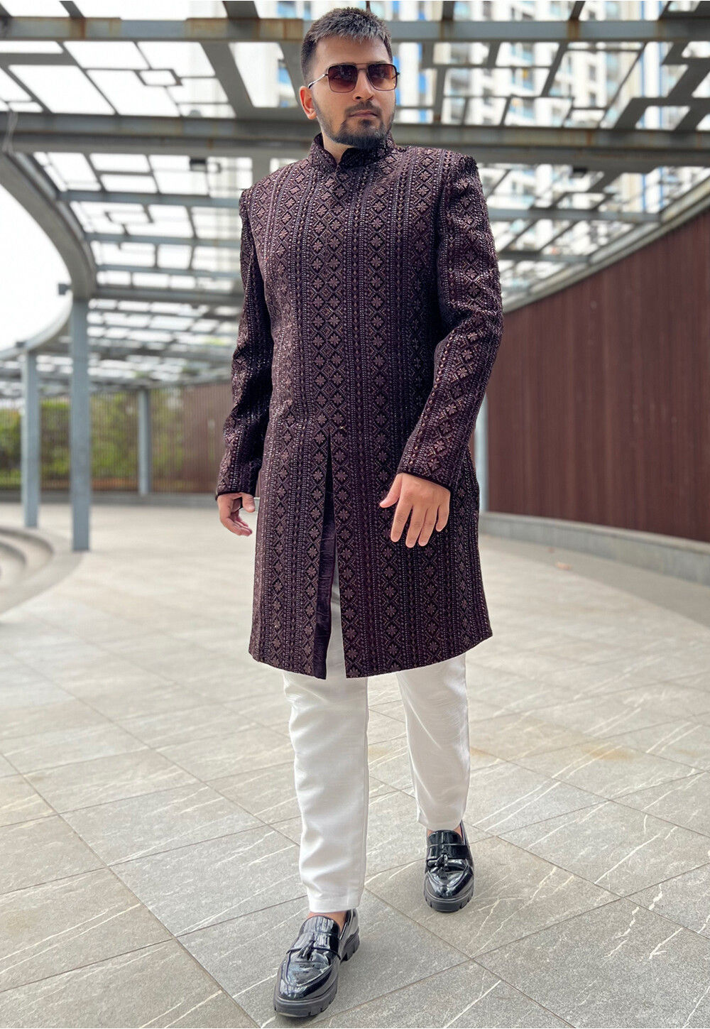 Embroidered Velvet Sherwani in Wine Men