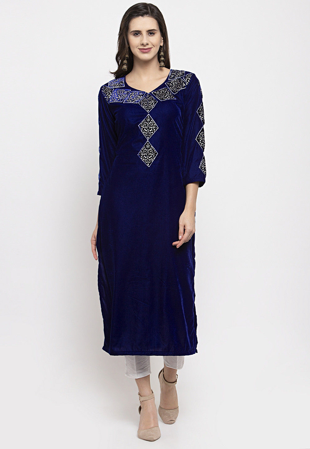 Women's Blue Velvet Embroidered/Sequence Work Straight Kurta With Palazzo - Miravan main image 0