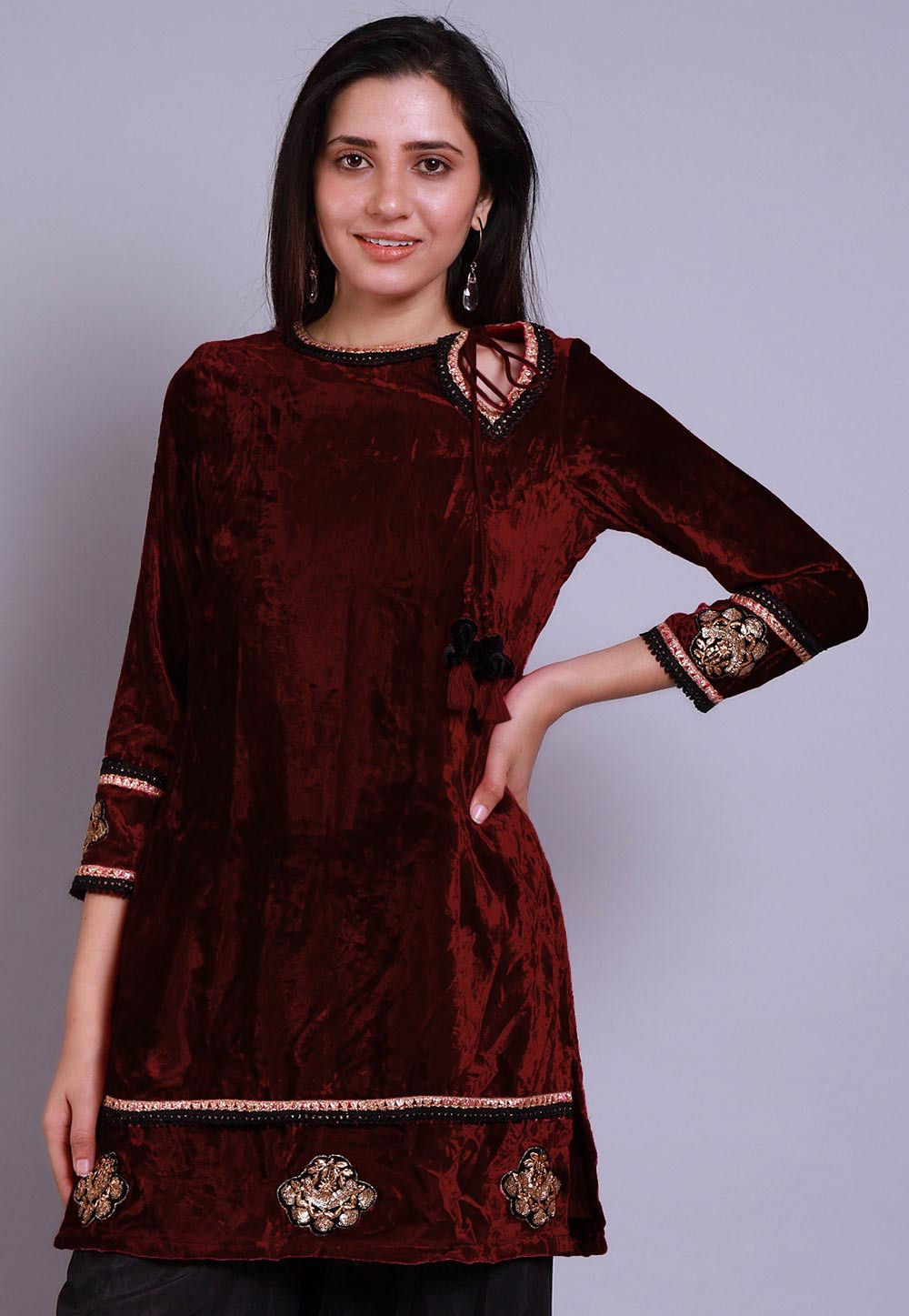 Velvet fabric slit kurti with barasi brokade pant
