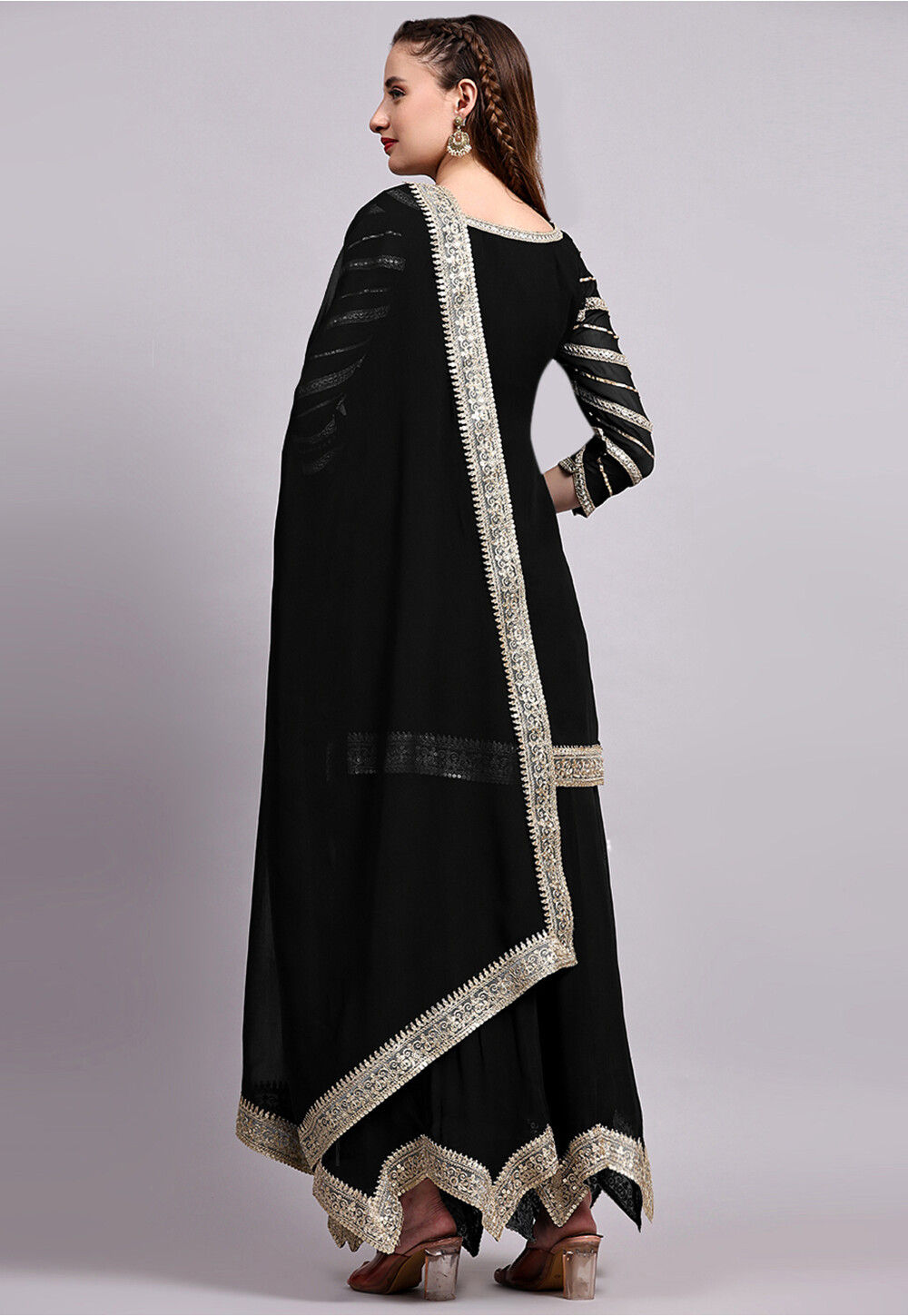 Embroidered Viscose Georgette Pakistani Suit in Black : KUR45