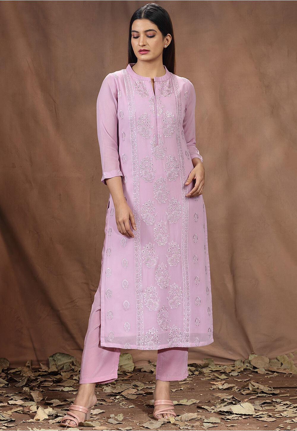 Lavender Viscose Georgette Chikankari Kurta With Palazzo And Dupatta