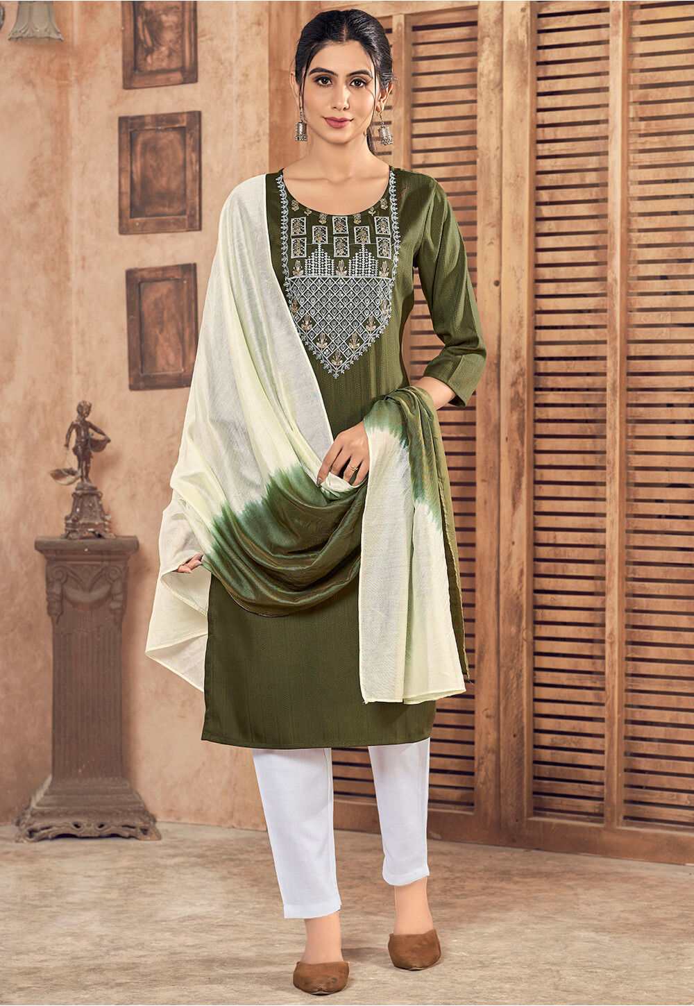 Embroidered Viscose Rayon Slub Pakistani Suit in Olive Green : KTN453