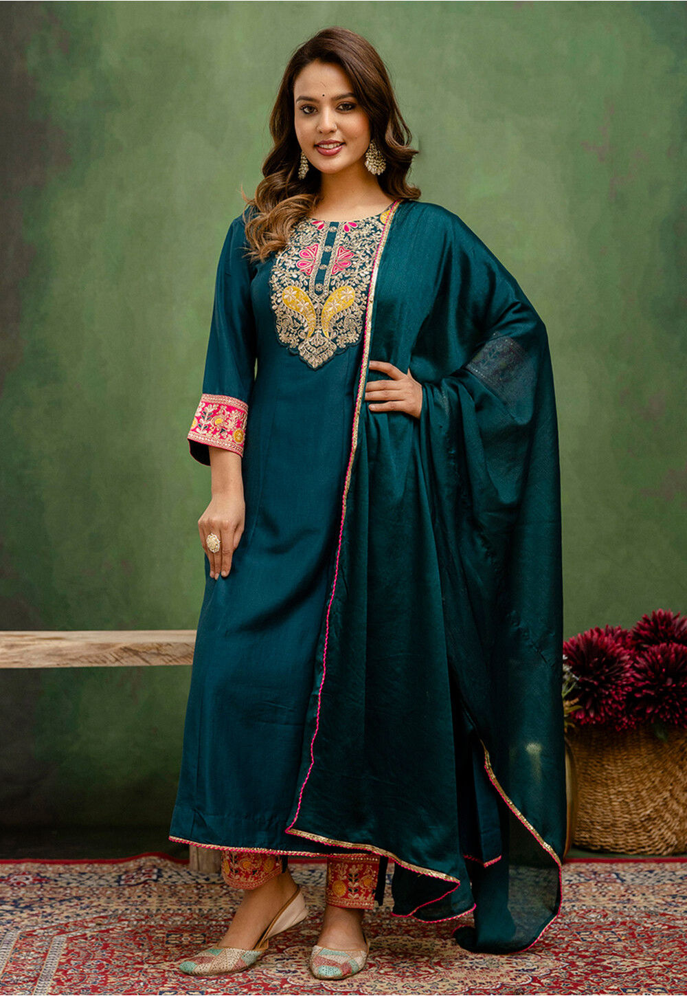 Purple Embroidered Viscose Rayon Anarkali Suit Sets With Dupatta