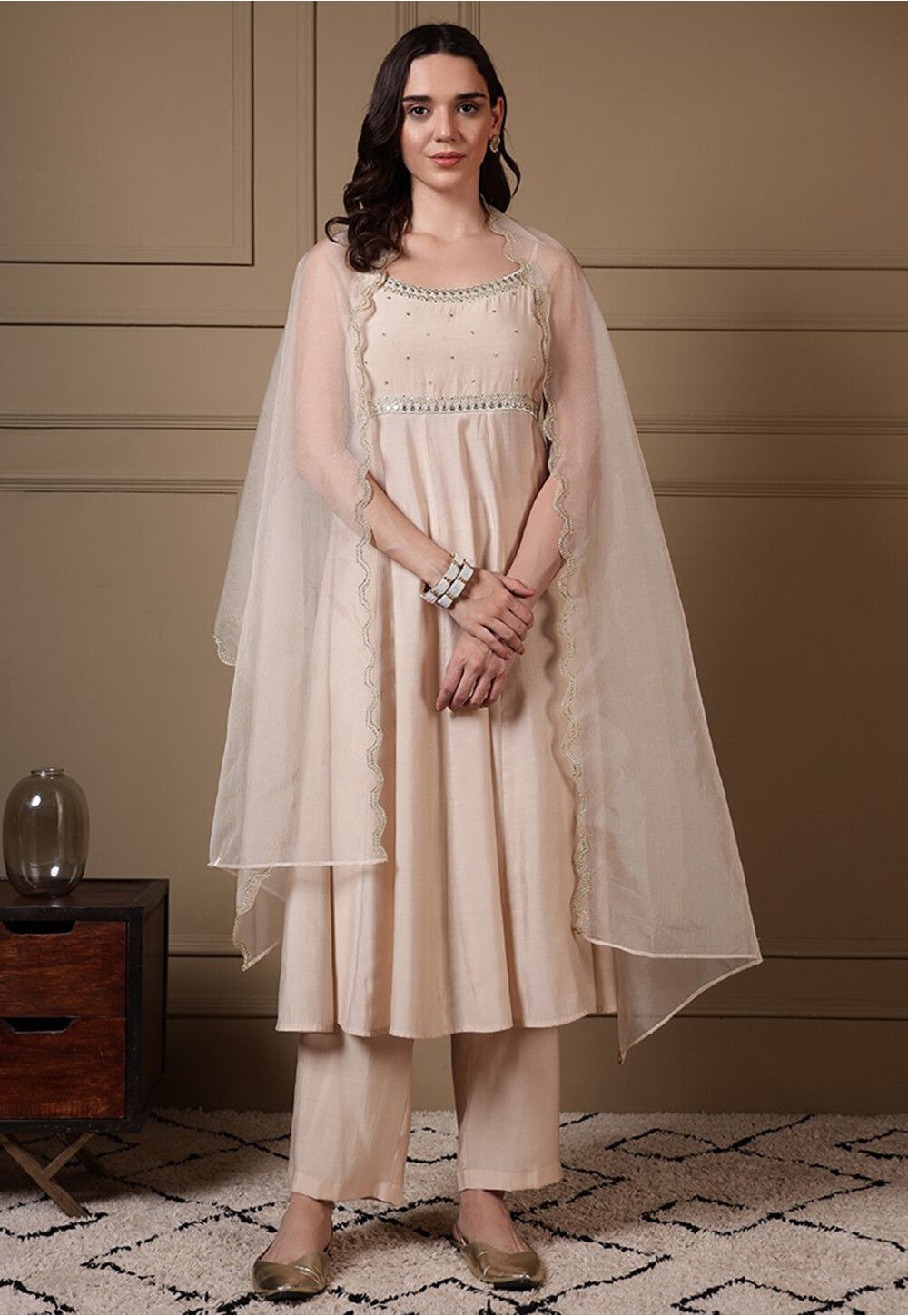 Cream Colour Angrakha Anarkali Suit Buy Embroidered Viscose Silk Anarkali  Suit In Cream Online