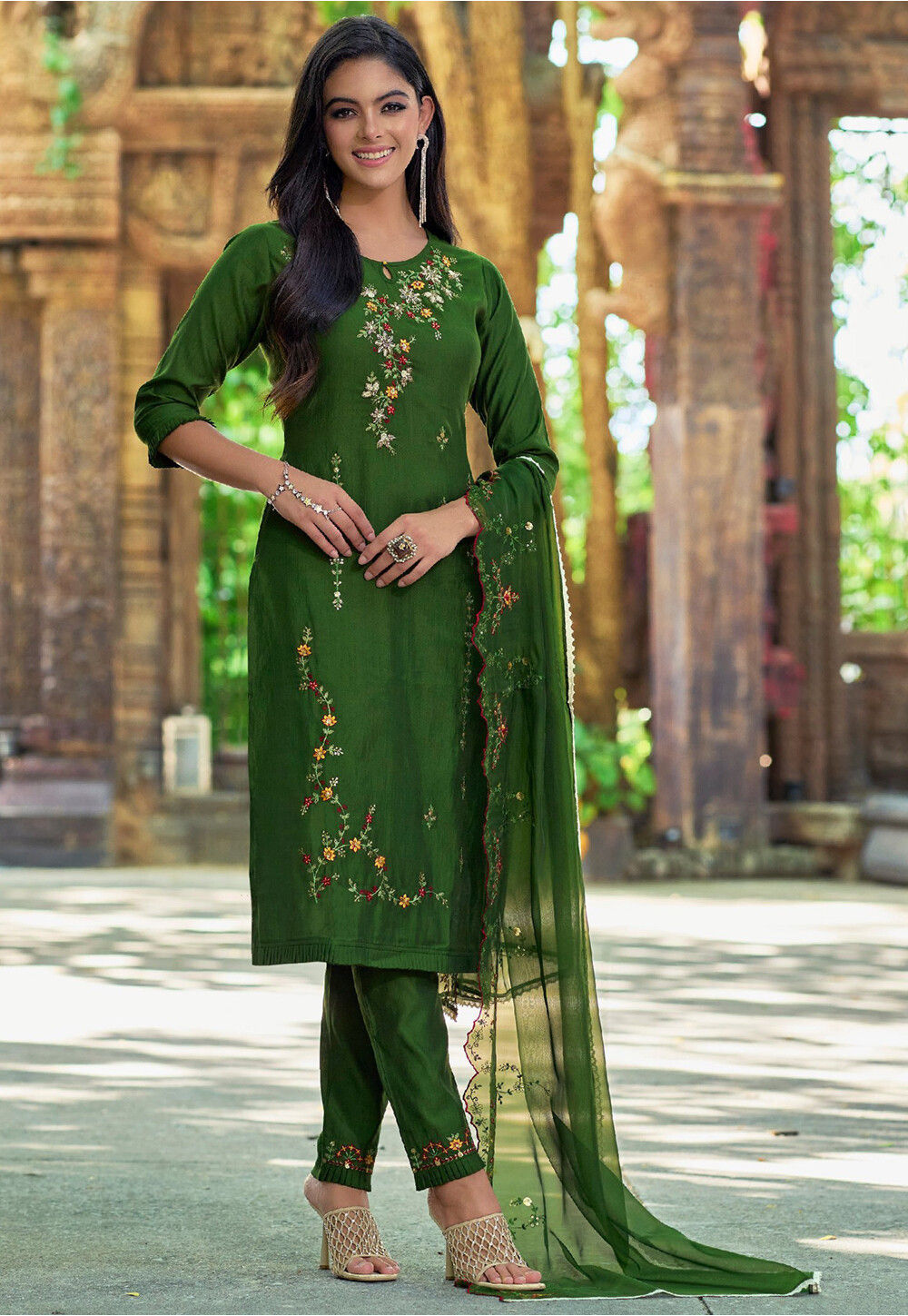 Buy Embroidered Viscose Silk Pakistani Suit in Olive Green Online ...
