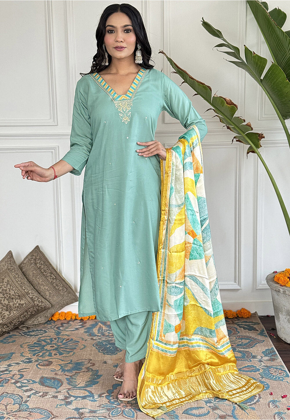 Buy Embroidered Viscose Silk Pakistani Suit in Sea Green Online : KRD241 -  Utsav Fashion