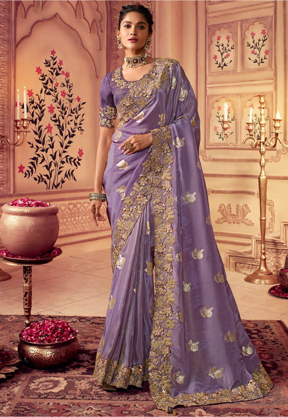 Buy online Tansui Silk saree with Gold zari woven border and rich Pallu -  Violet-AF709