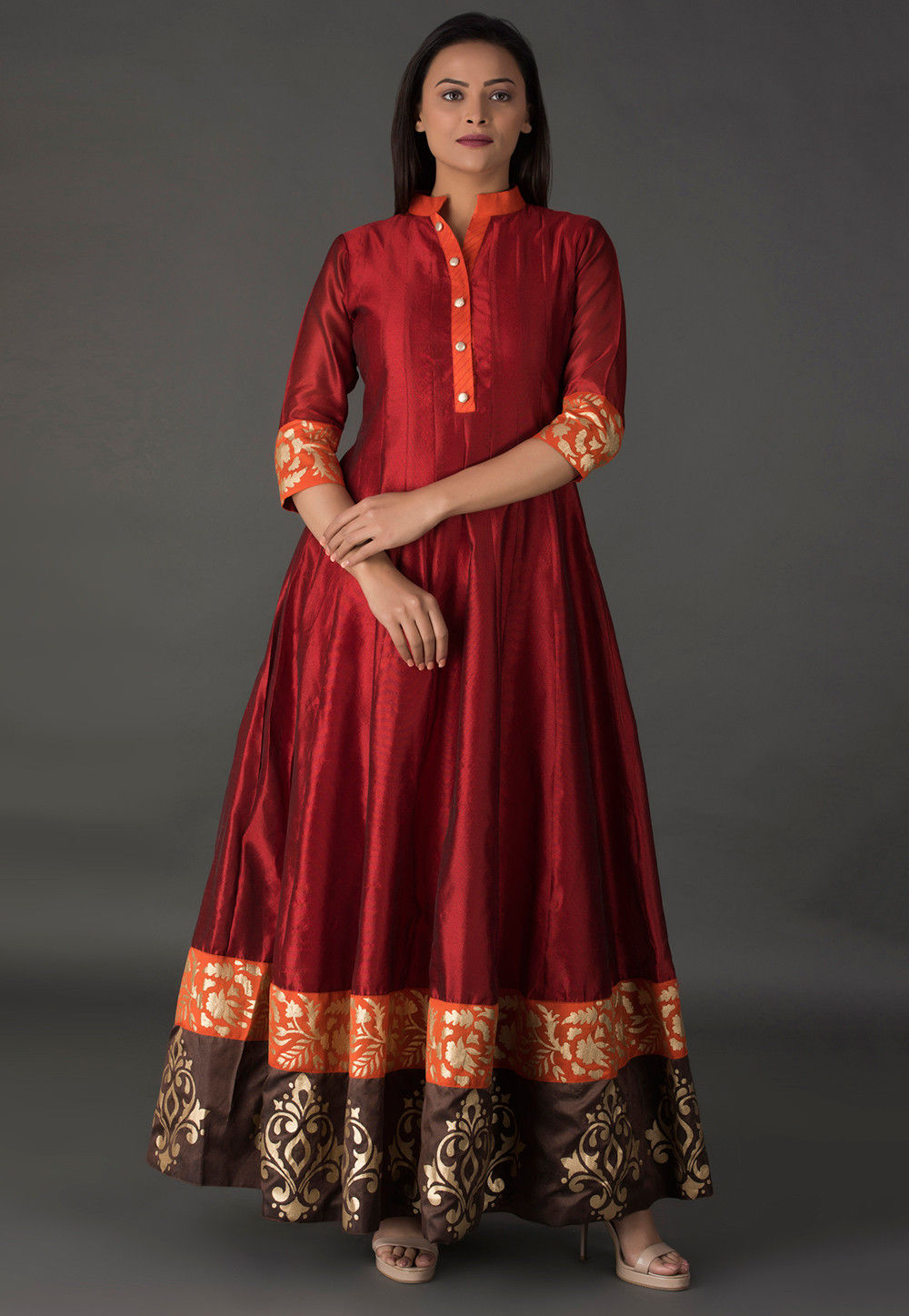 Foil Printed Art Silk Anarkali Kurta in Maroon : TJW1953