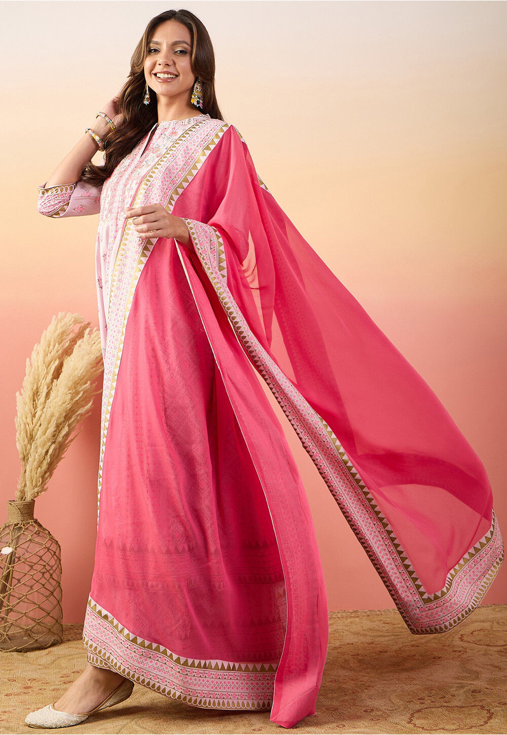Savitri Russian Silk Printed Alia Cut Pink Anarkali Suit Set