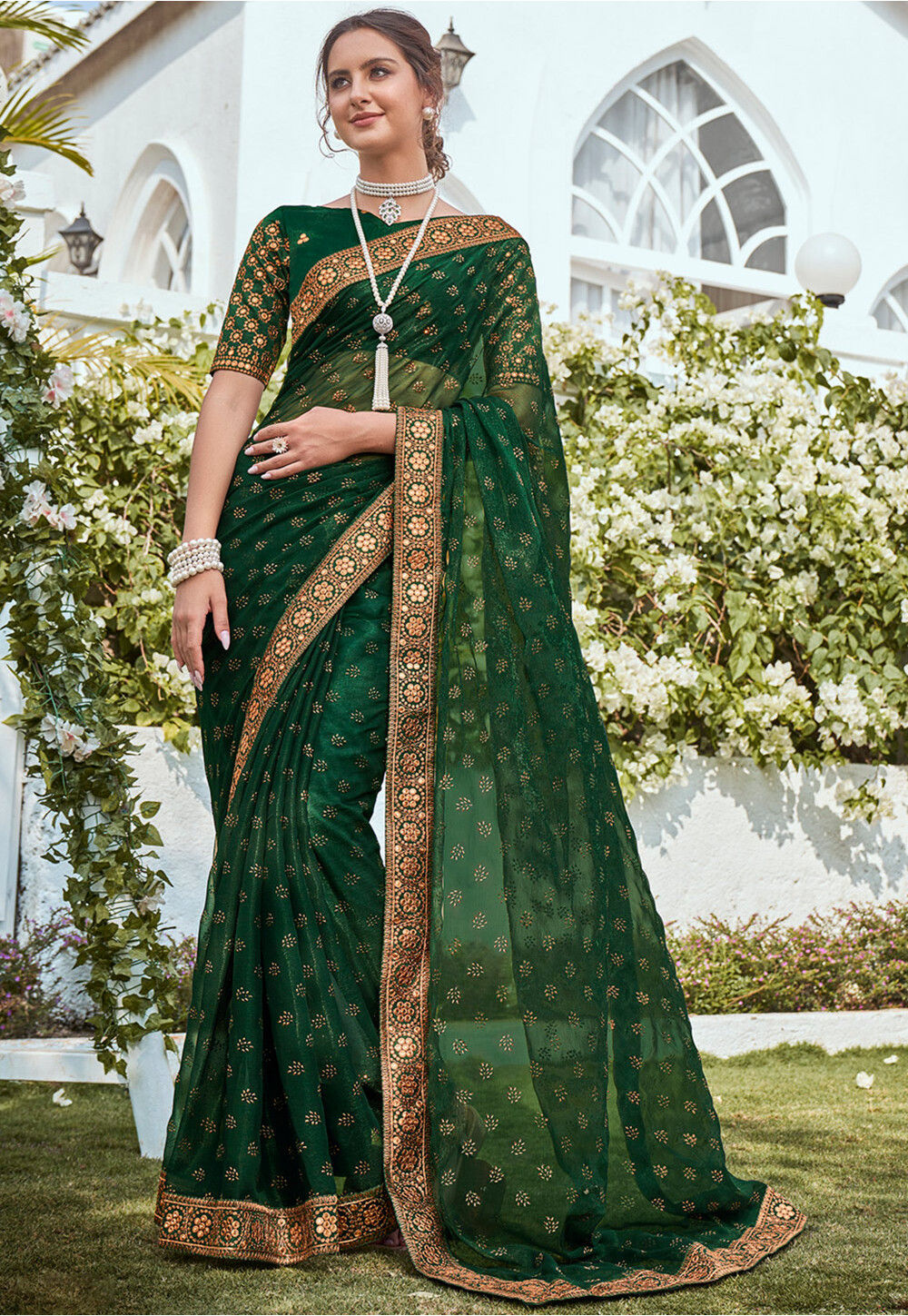 Bottle Green Color Silk Embroidered Wedding Wear Saree
