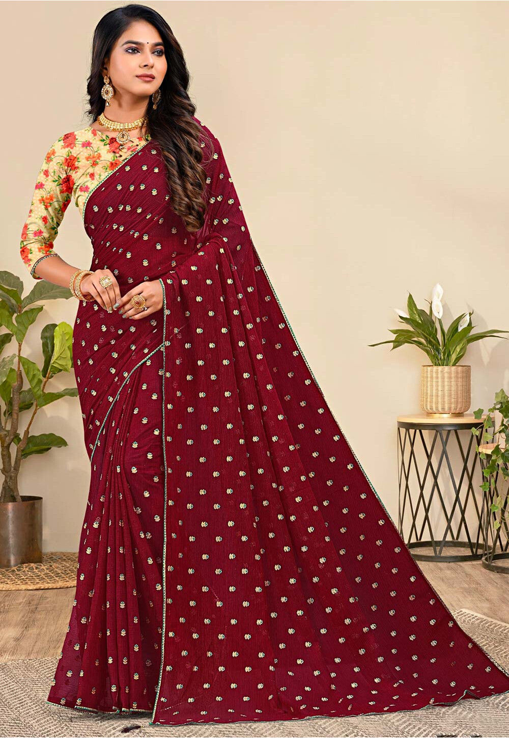 Foil Printed Chiffon Saree In Maroon Sxta3801