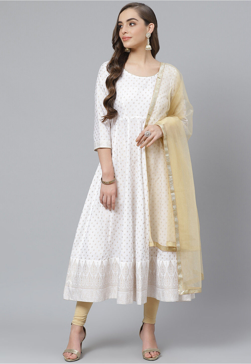 Printed Cotton Flex Anarkali Suit in White : KMM102