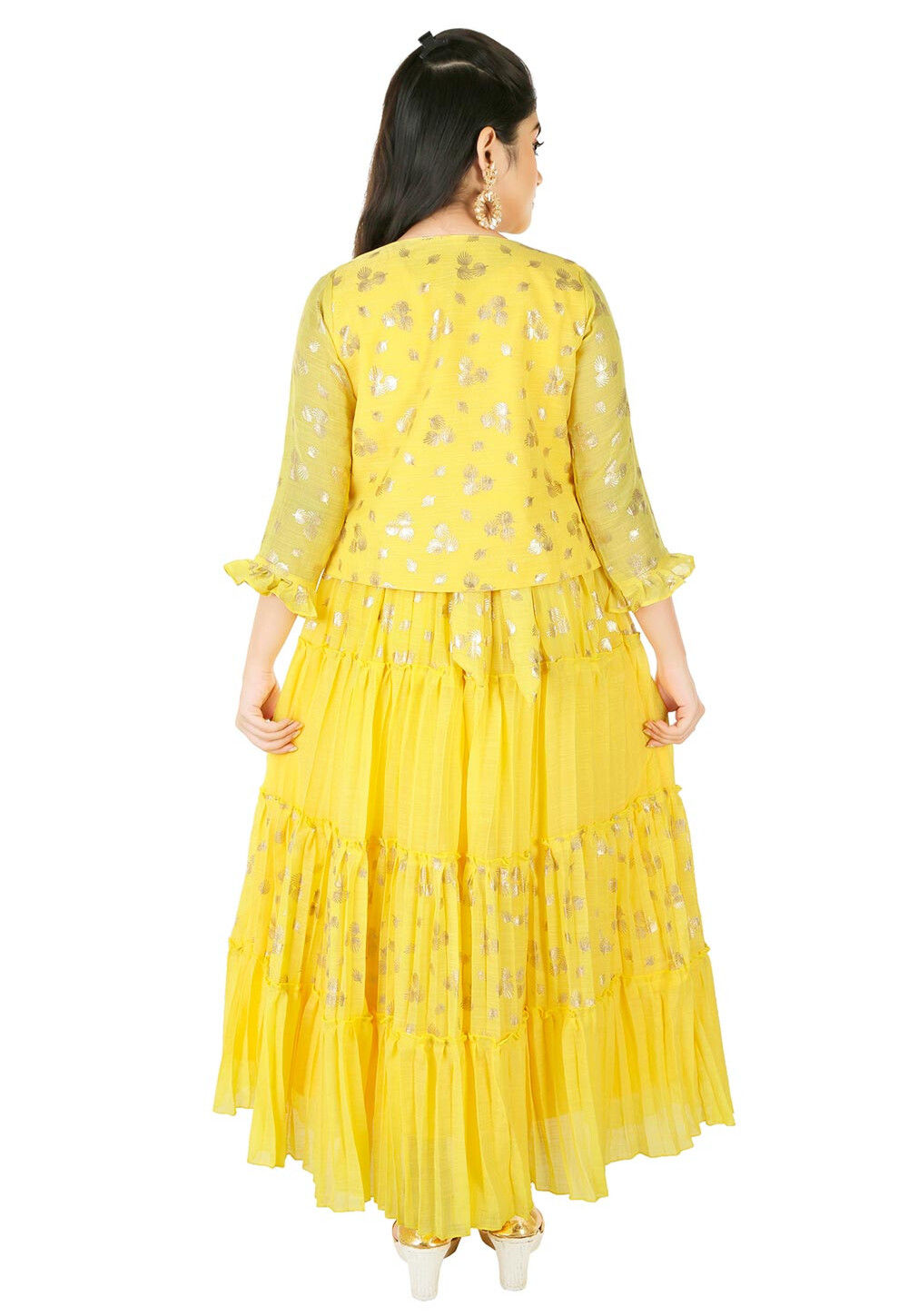 Pink & Purple Silk Foil Printed & Embroidered Traditional Gown