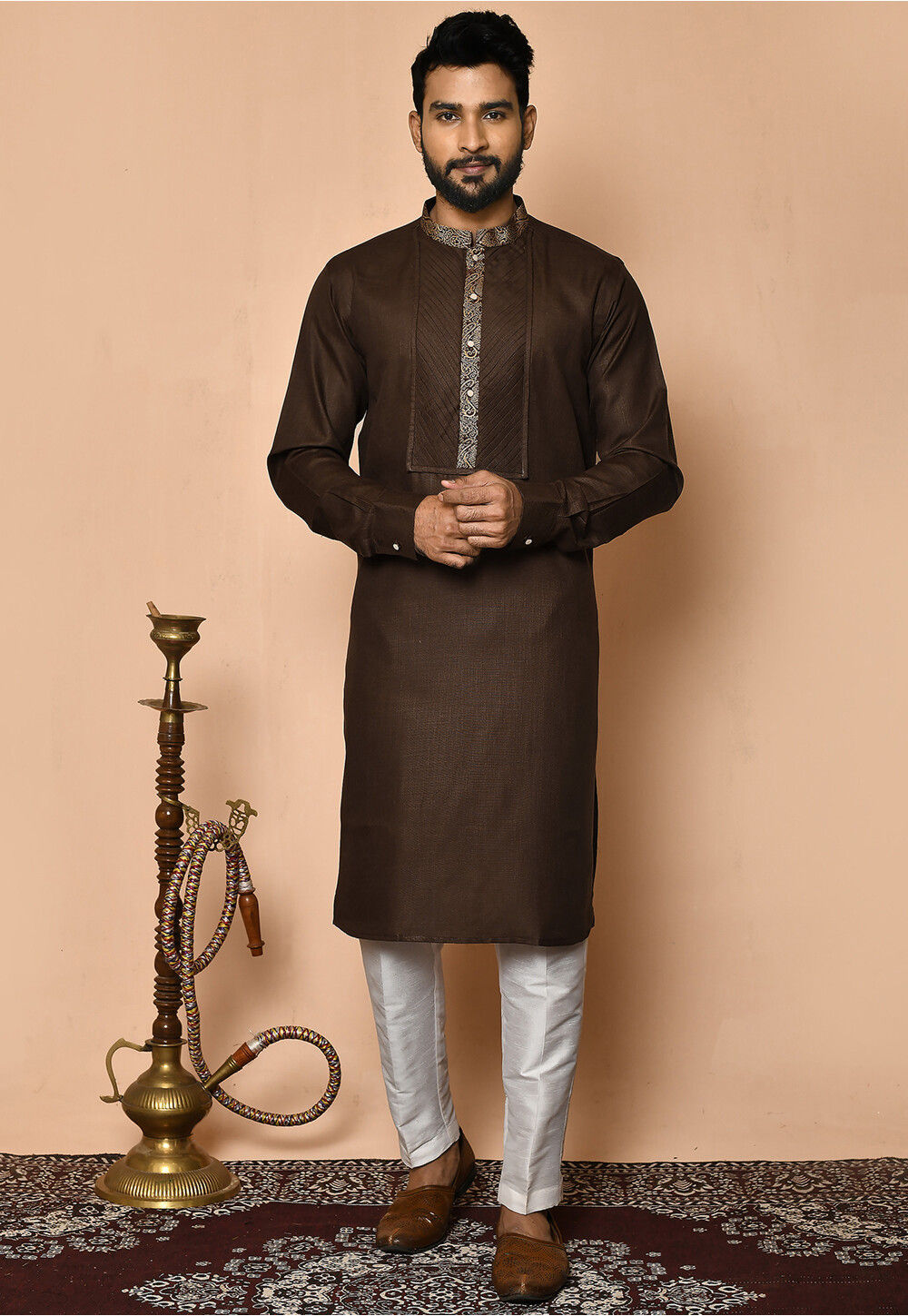 Foil Printed Cotton Kurta Set in Brown : MTX2372