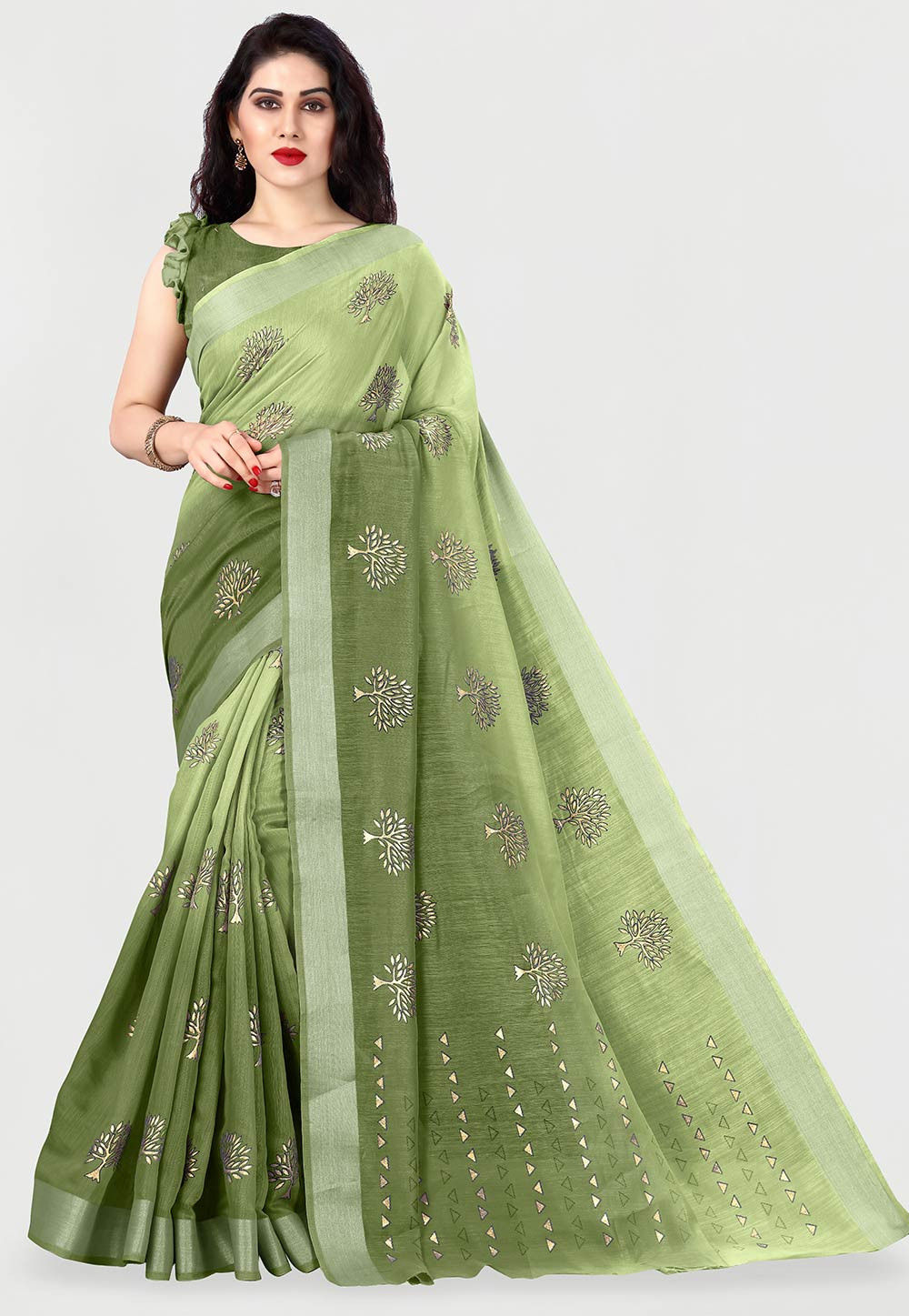 Foil Printed Cotton Saree in Shaded Green : SBH2023
