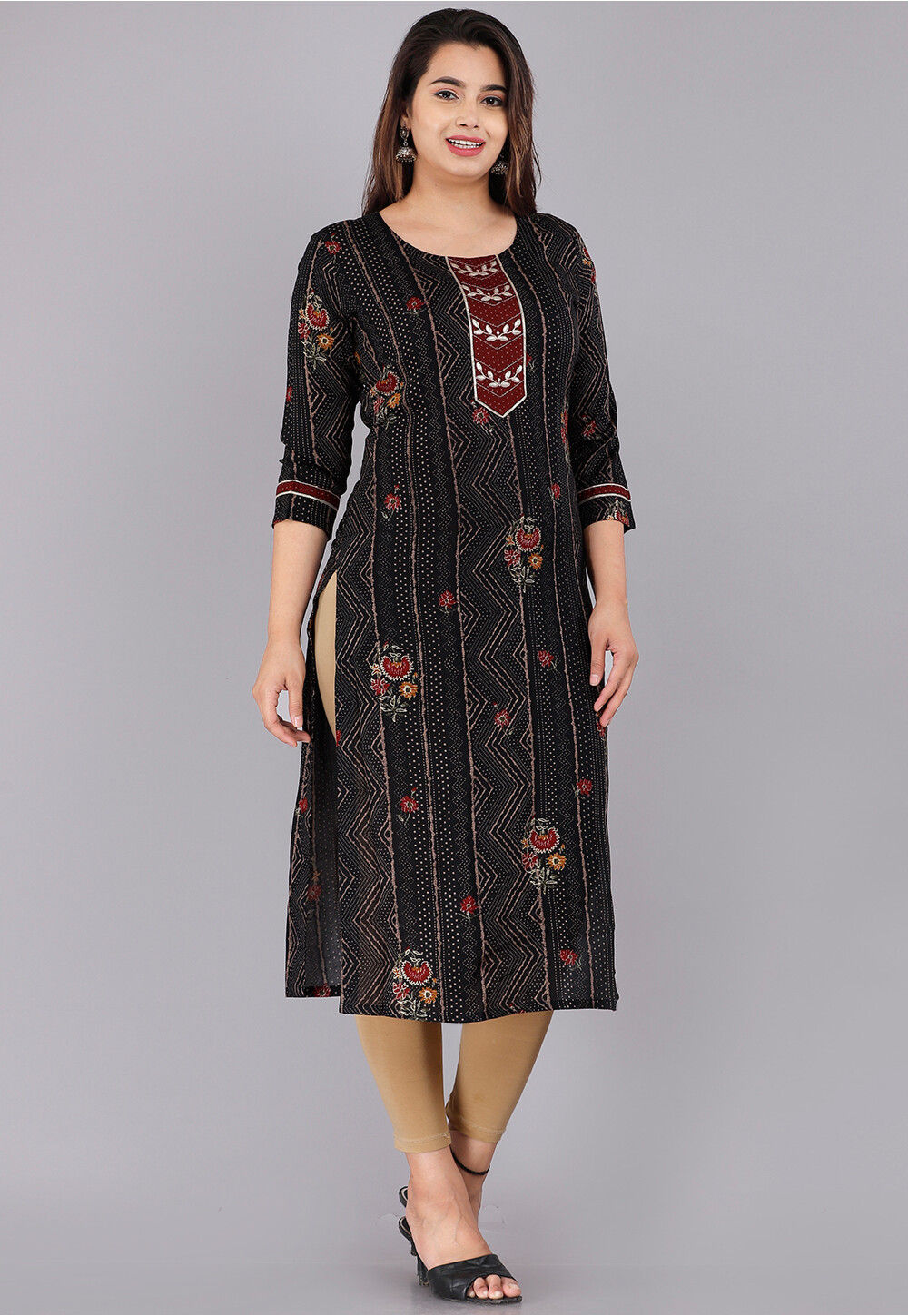 Buy online Women's Round Neck Printed Black Silk Blend Regular Kurti from Kurta  Kurtis for Women by Krati Creations for ₹899 at 70% off | 2024 Limeroad.com