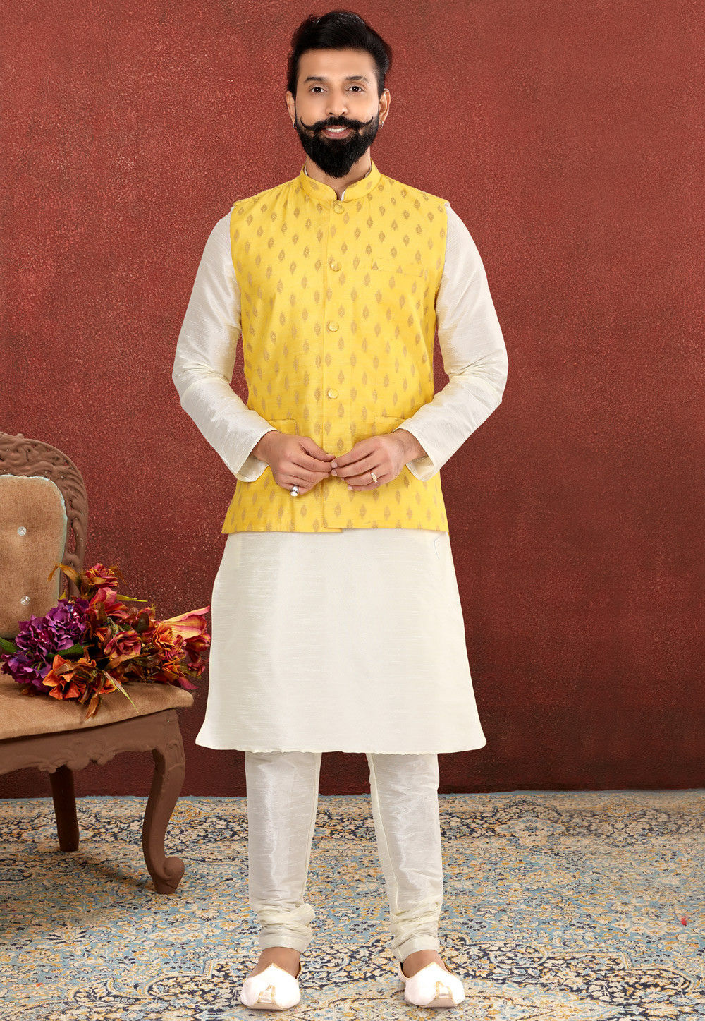 Men's Yellow Lucknowi Open Jacket Kurta - Perfect for Wedding