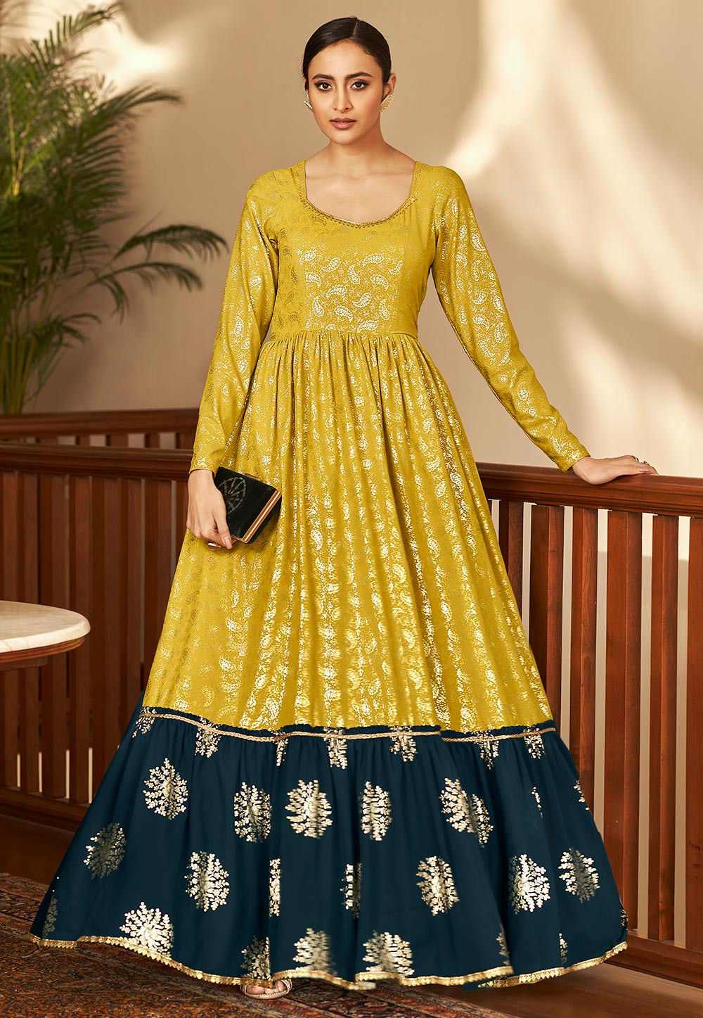Mustard Yellow Full Sleeves Embroidered Rayon Gown at Rs 1807.5 in Ahmedabad