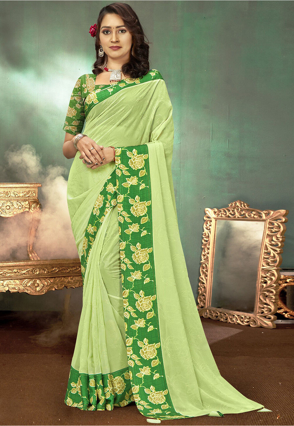 New embroidered light green color saree with digital print blouse.