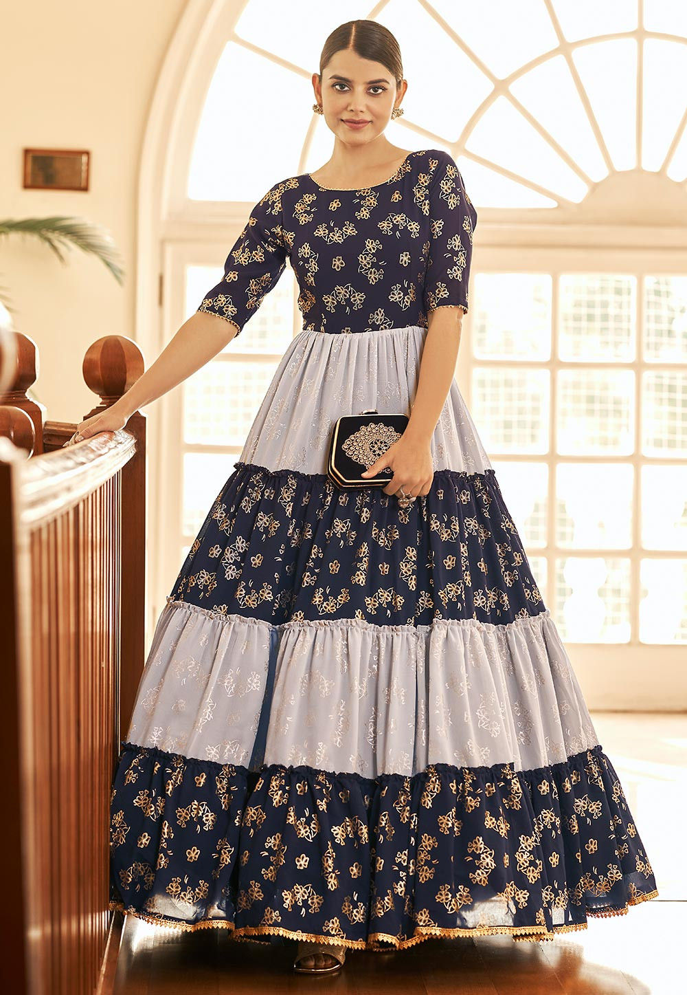 Blue Party Wear Georgette Designer Printed Gown, Wash Care: Machine wash at  Rs 750 in Surat