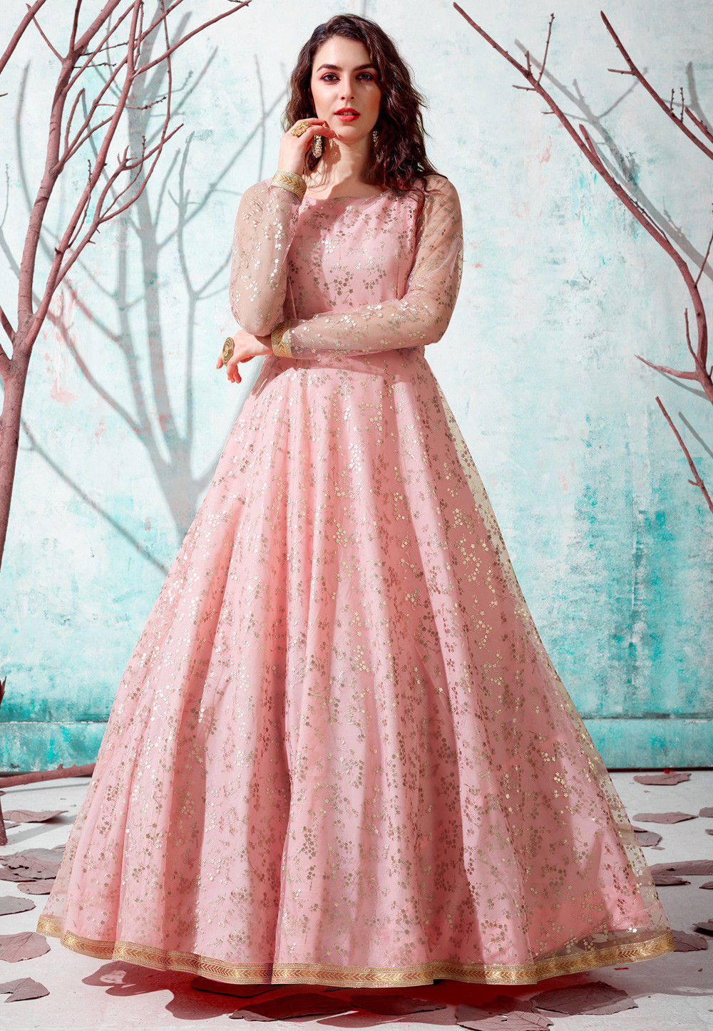TWO TONE PEACH AND DARK PEACH PANELLED ANARKALI GOWN SET WITH A HAND  EMBROIDERED BODICE PAIRED WITH A MATCHING DUPATTA AND SILVER  EMBELLISHMENTS  Seasons India