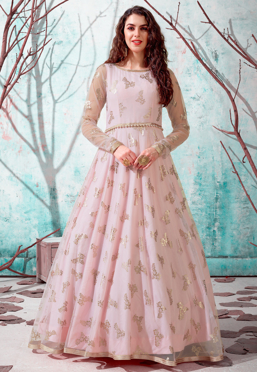 Peach Net Party Wear Anarkali Stitched Gown - AASVAA FASHION - 2623888