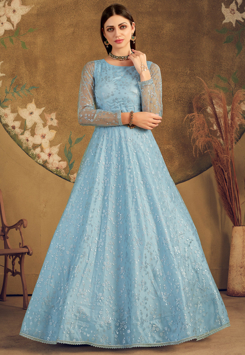 sky blue party wear gown - Bawree Fashions
