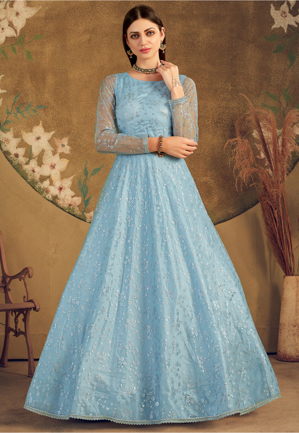 Sky blue Gown Dress in Silk with Printed - GW0641