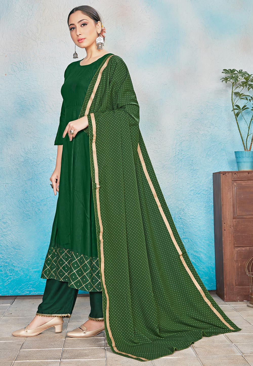 Foil Printed Rayon Anarkali Suit in Green : KJC585