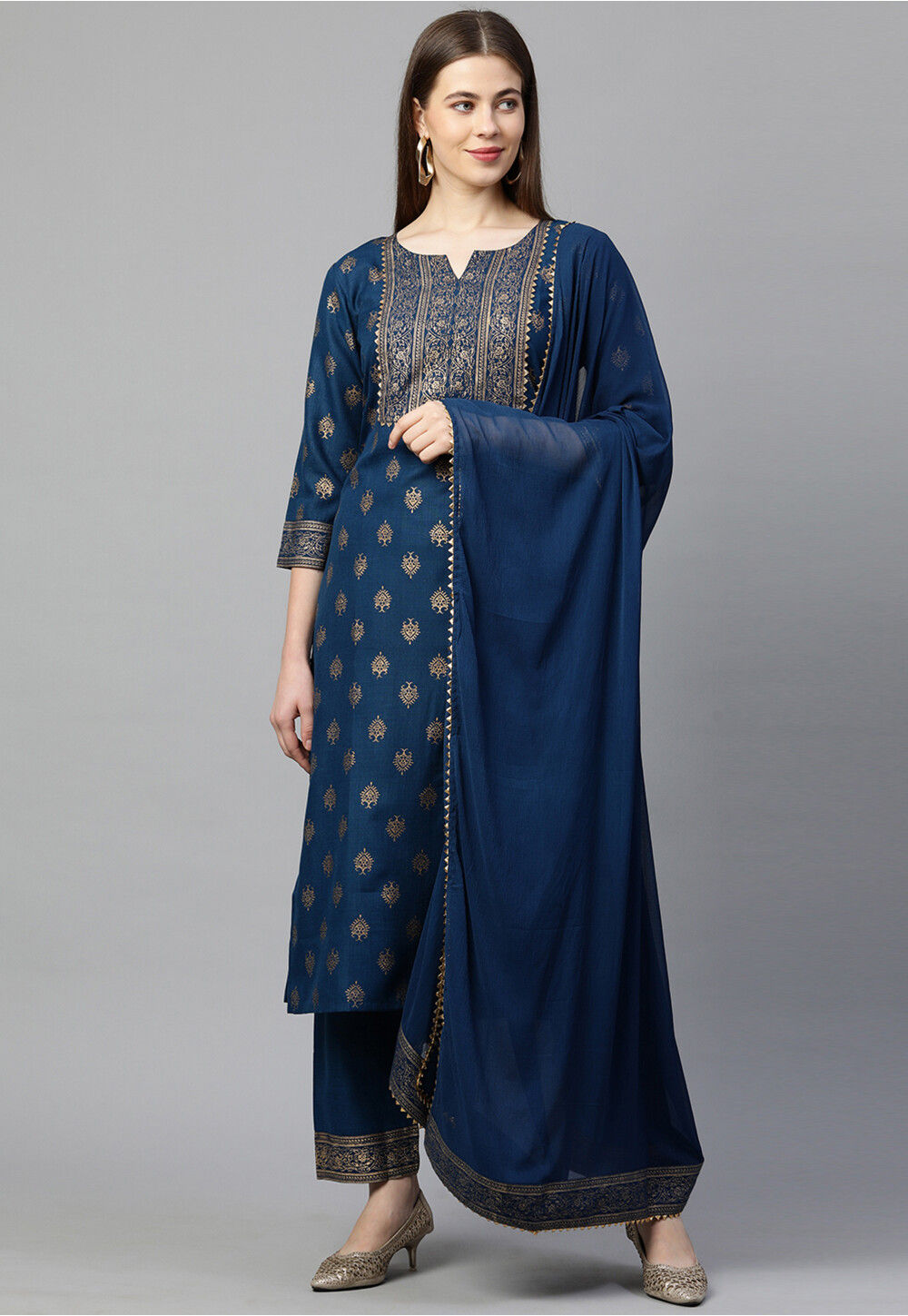 Foil Printed Rayon Pakistani Suit in Navy Blue : KJC2666