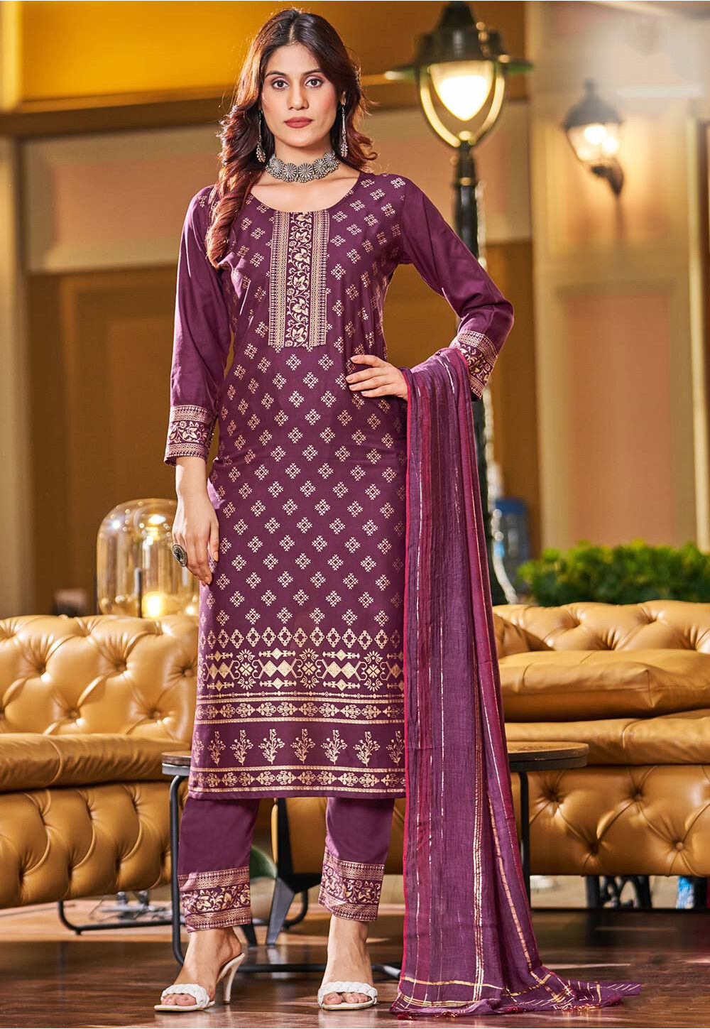 Foil Printed Rayon Pakistani Suit in Purple : KJC2893