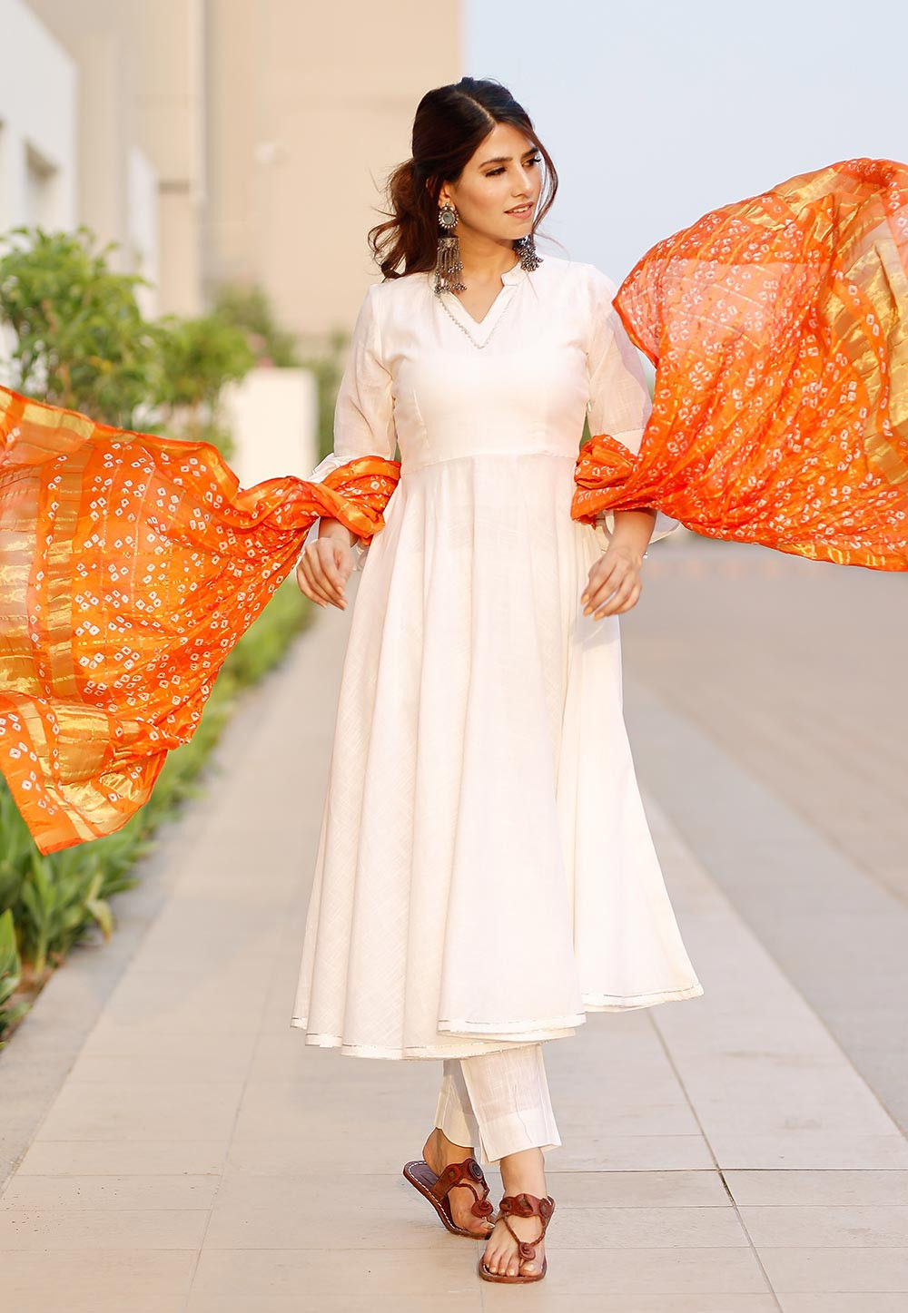 Printed Cotton Flex Anarkali Suit in White : KMM102