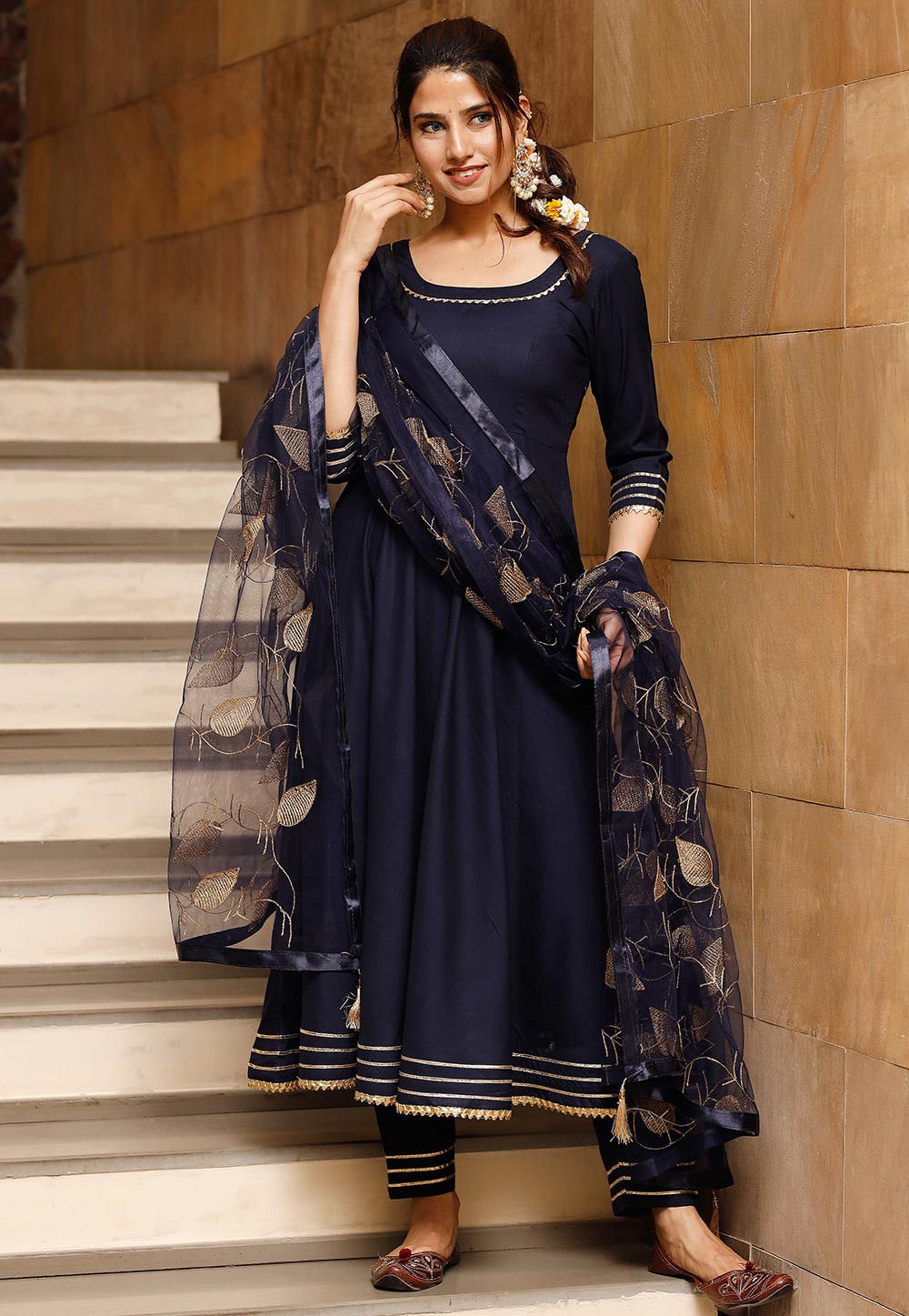 Navy Blue Color Georgette Material Gown With Zari Work