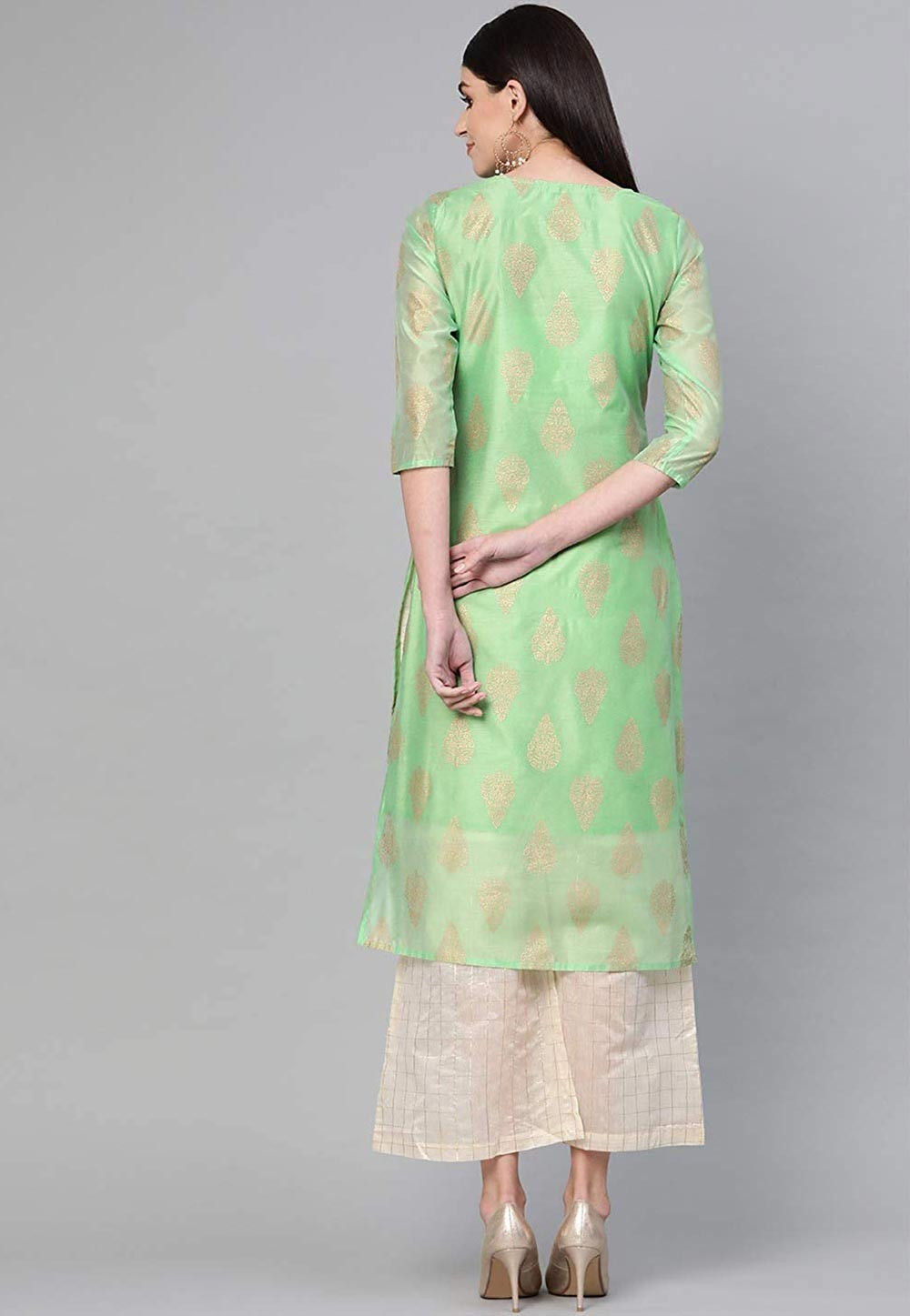 Green Beaded Straight Chanderi Lurex Kurta