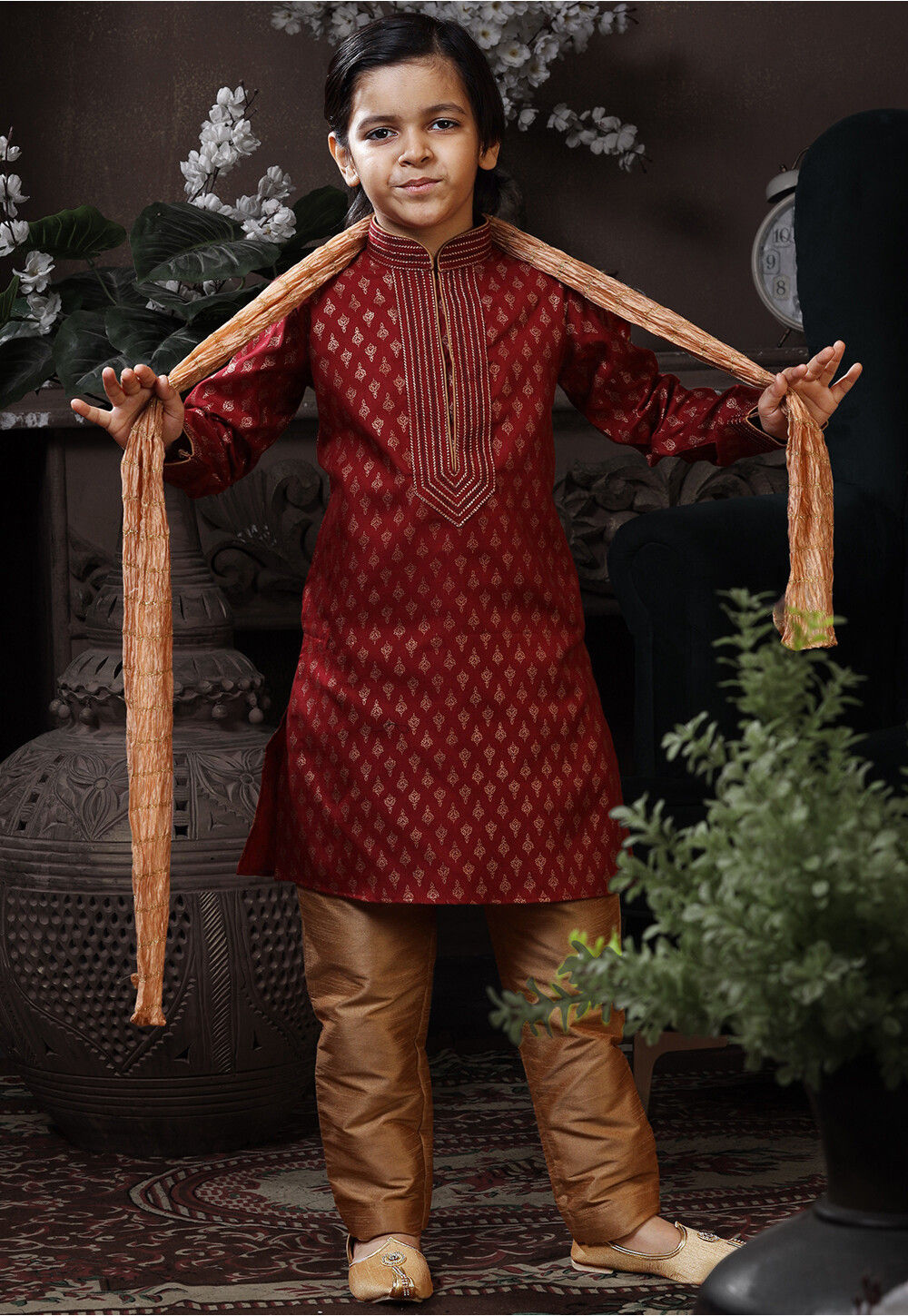 Maroon & Cream Gold Printed Kurta Set With Pants main image 1