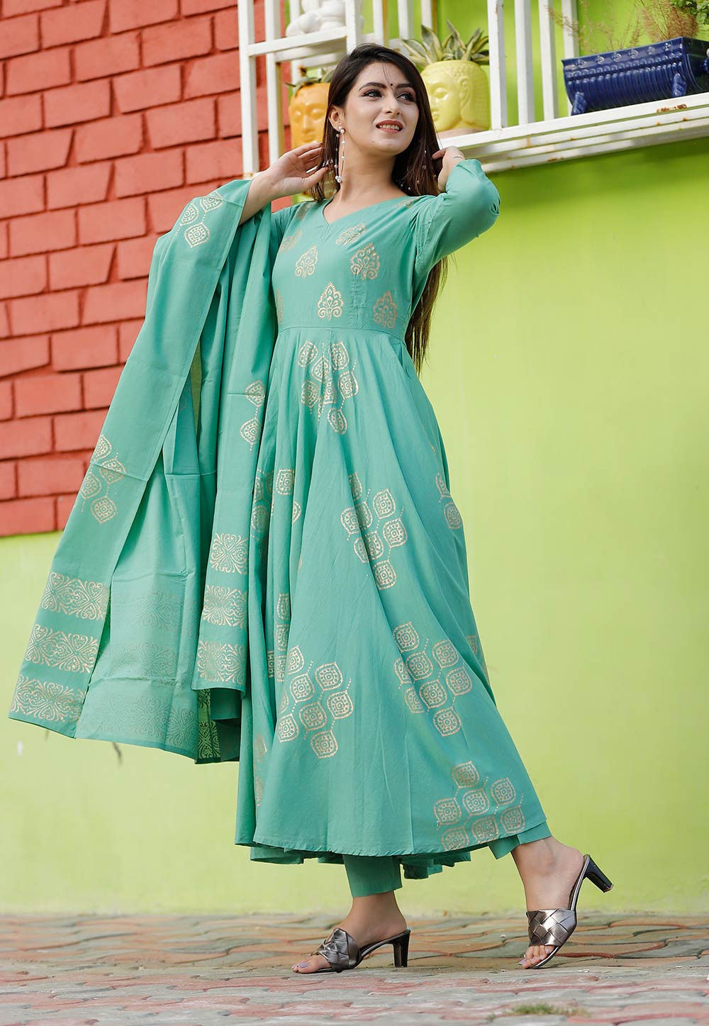 Buy Golden Printed Cotton Pakistani Suit in Light Teal Blue Online ...