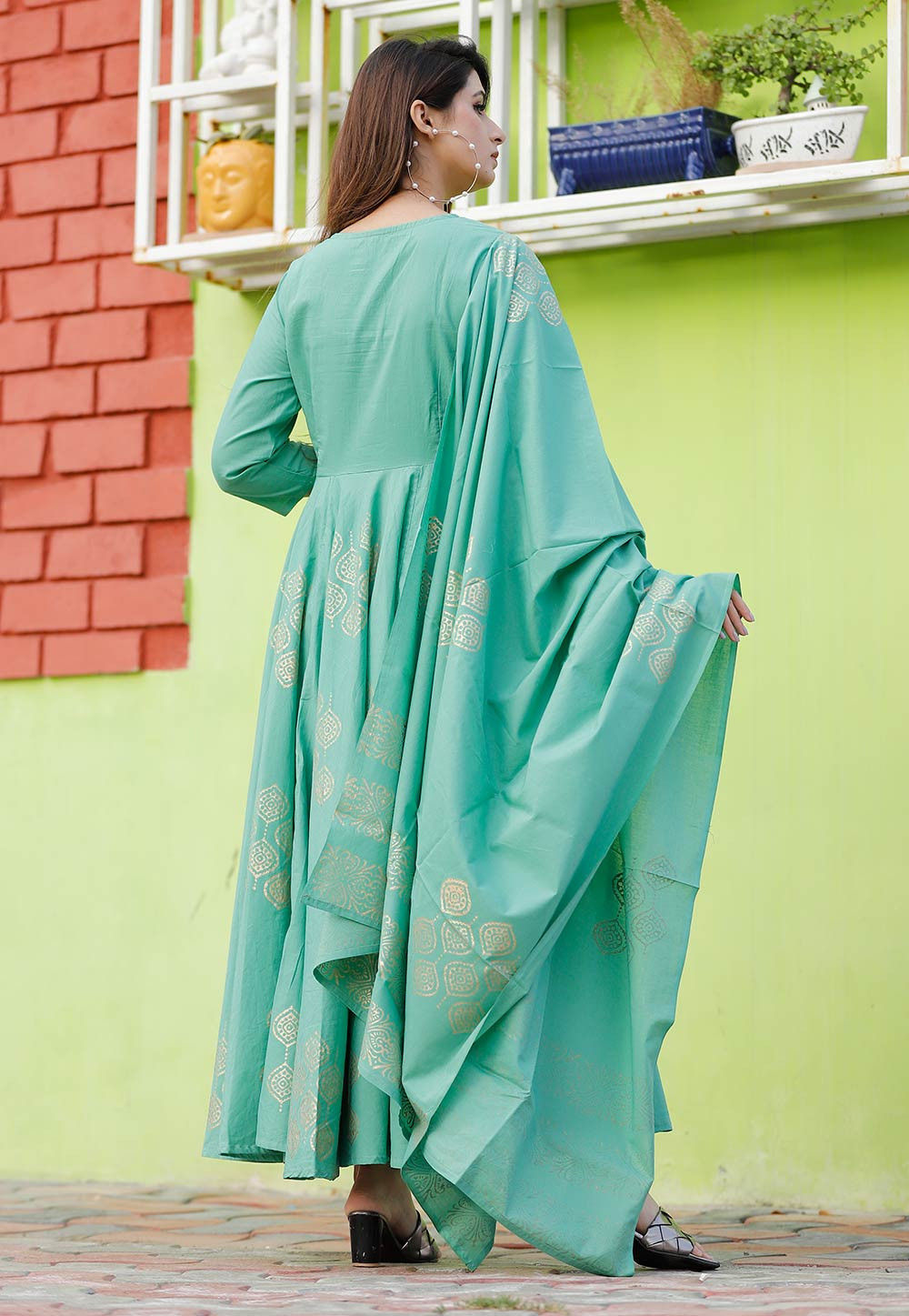 Golden Printed Cotton Pakistani Suit in Light Teal Blue : KER84