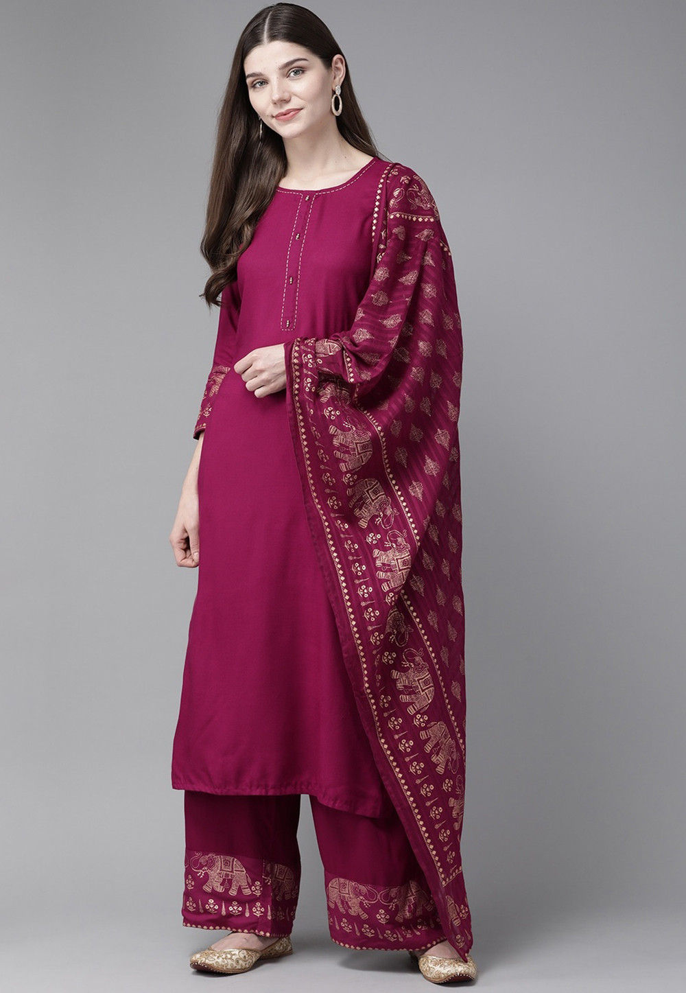 Golden Printed Cotton Pakistani Suit in Magenta : KJL351