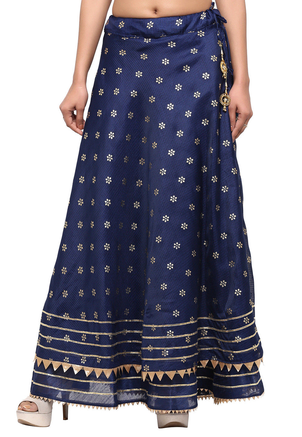 Golden Printed Kota Silk Skirt in Navy Blue : BRJ571