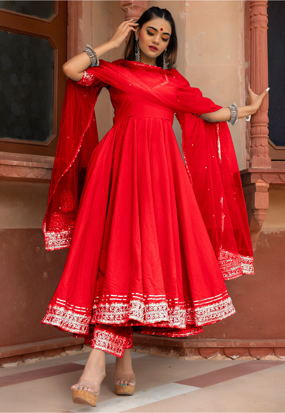 Anarkali Dress Red Silk Dress Plus Size Ruby Red Designer Heavy