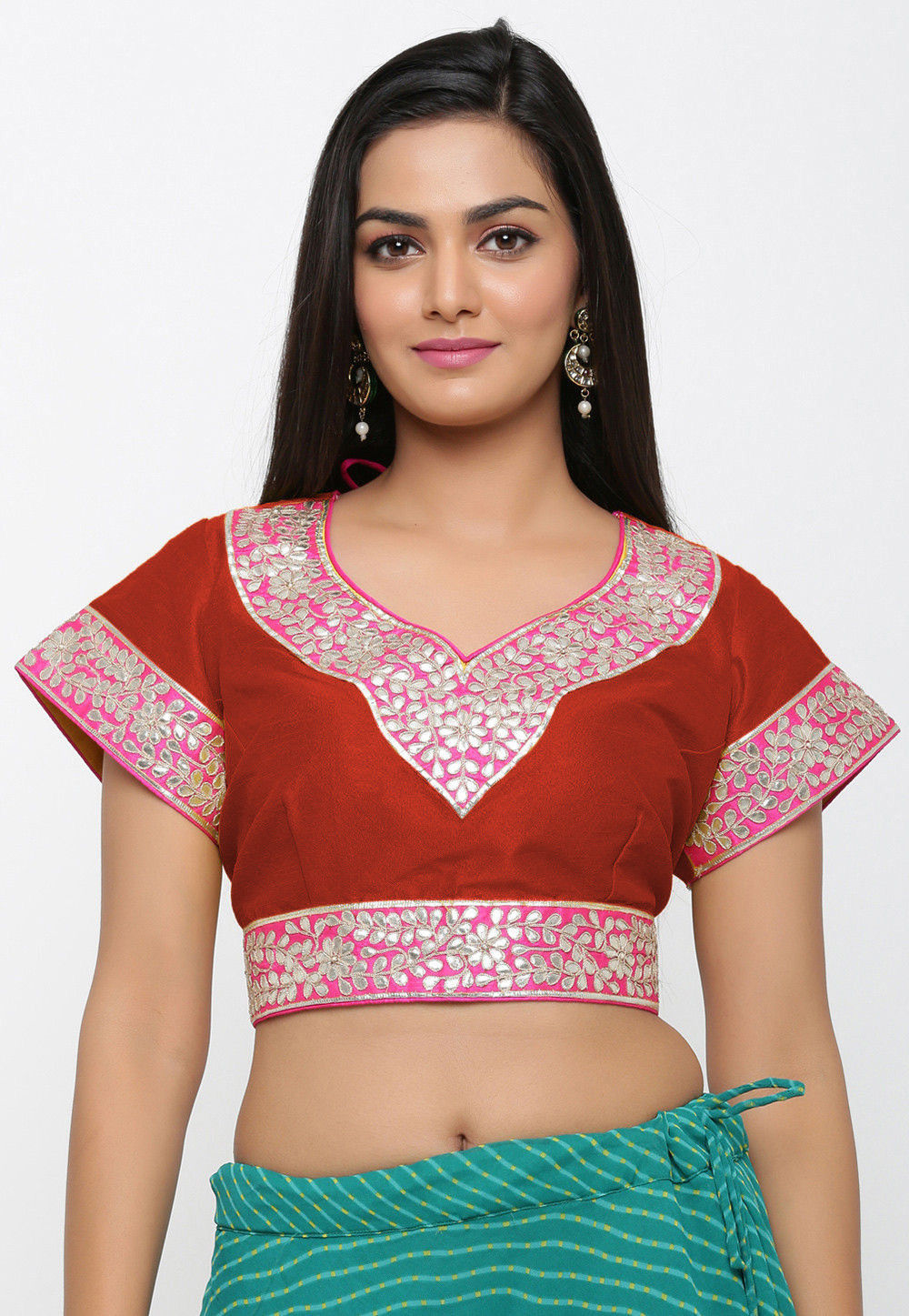 Gota Embroidered Dupion Silk Blouse in Rust and Pink : UUX558