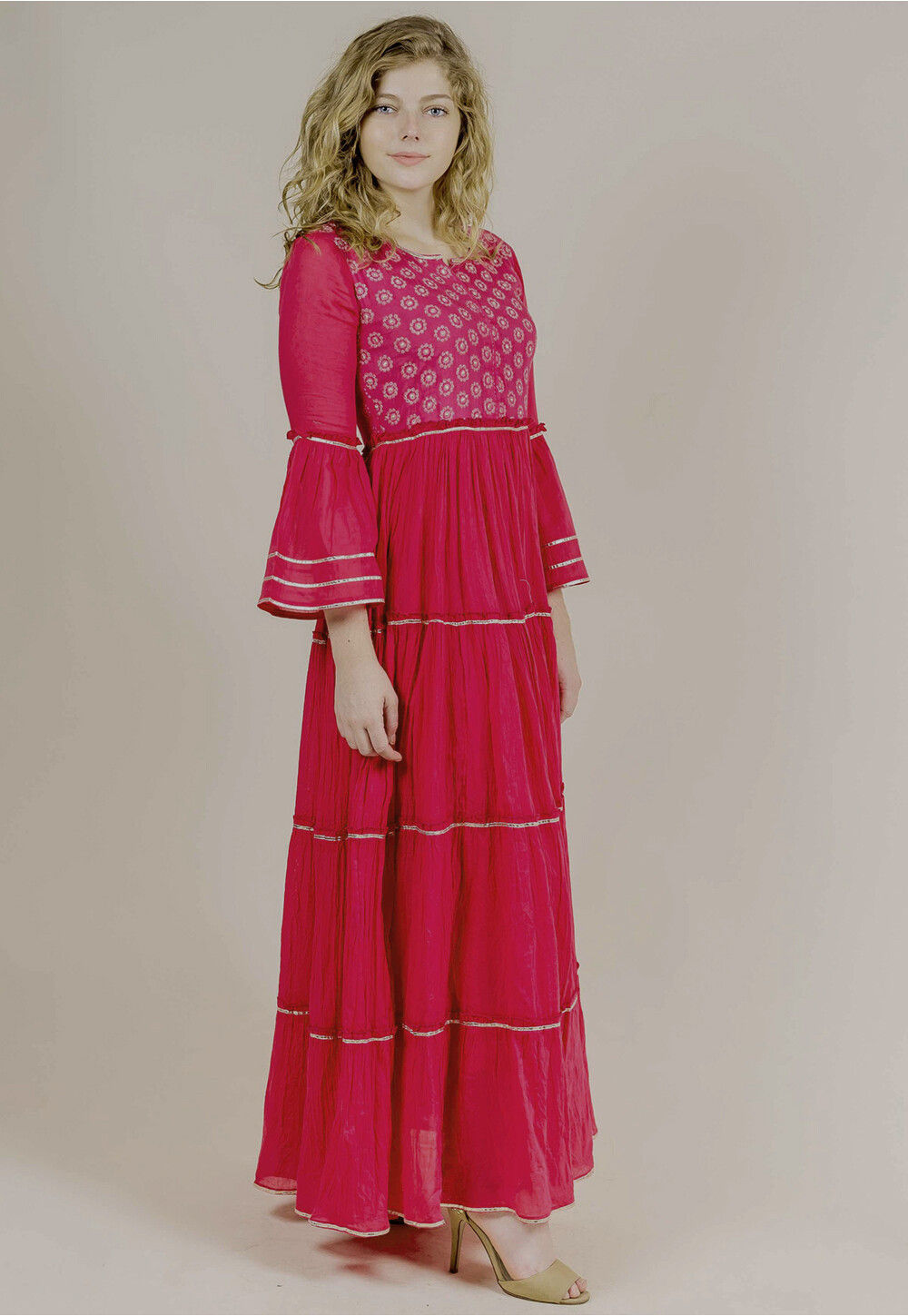 Gota Lace Cotton Circular Gown in Fuchsia : TQM272