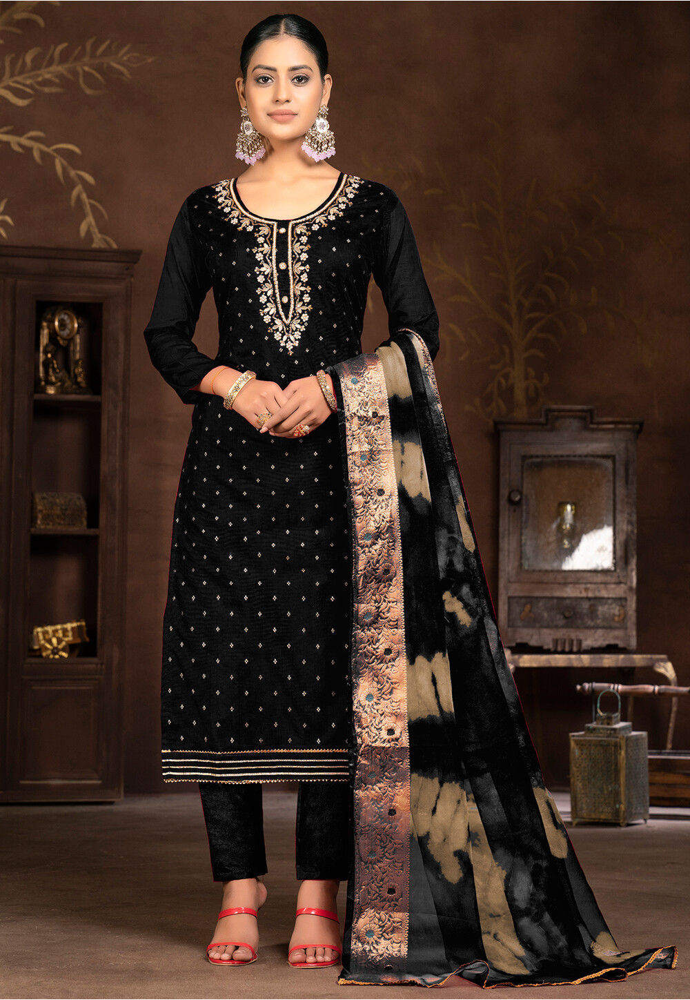 Gota Patti Art Silk Jacquard Pakistani Suit in Black