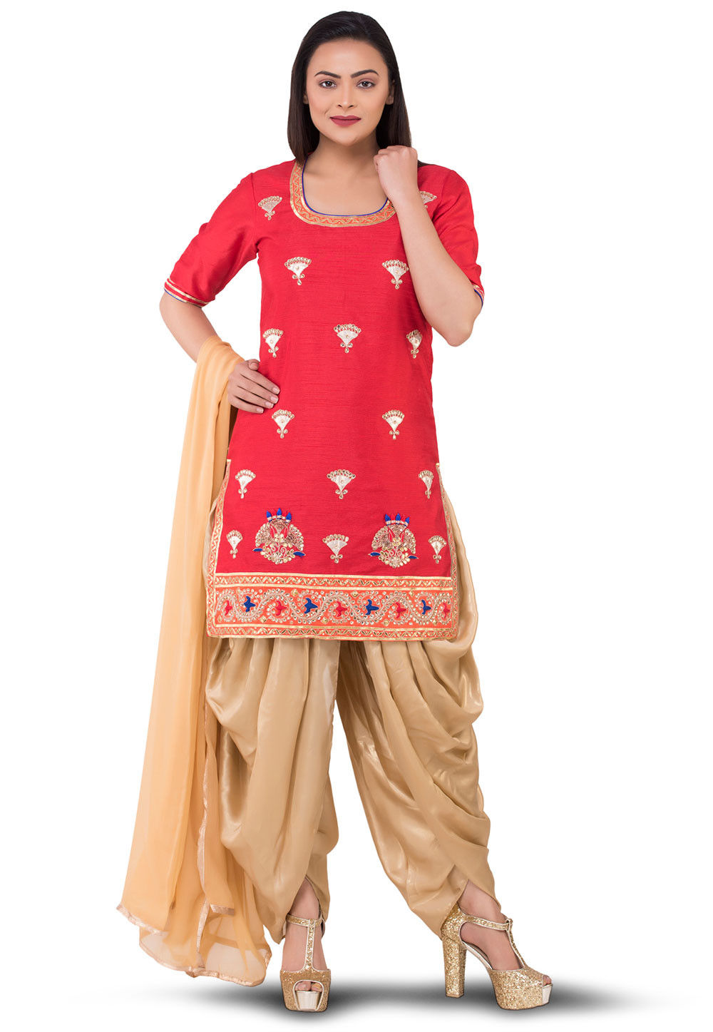 gota patti bhagalpuri silk punjabi suit in red v1 kjn3204