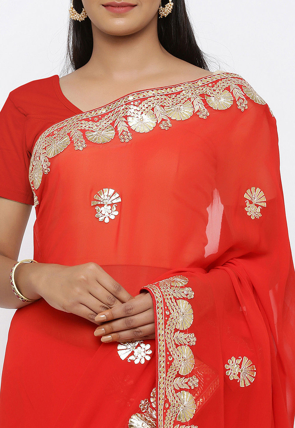 Green Red Bandhej Print Georgette Saree With Gota-Patti Embroidery