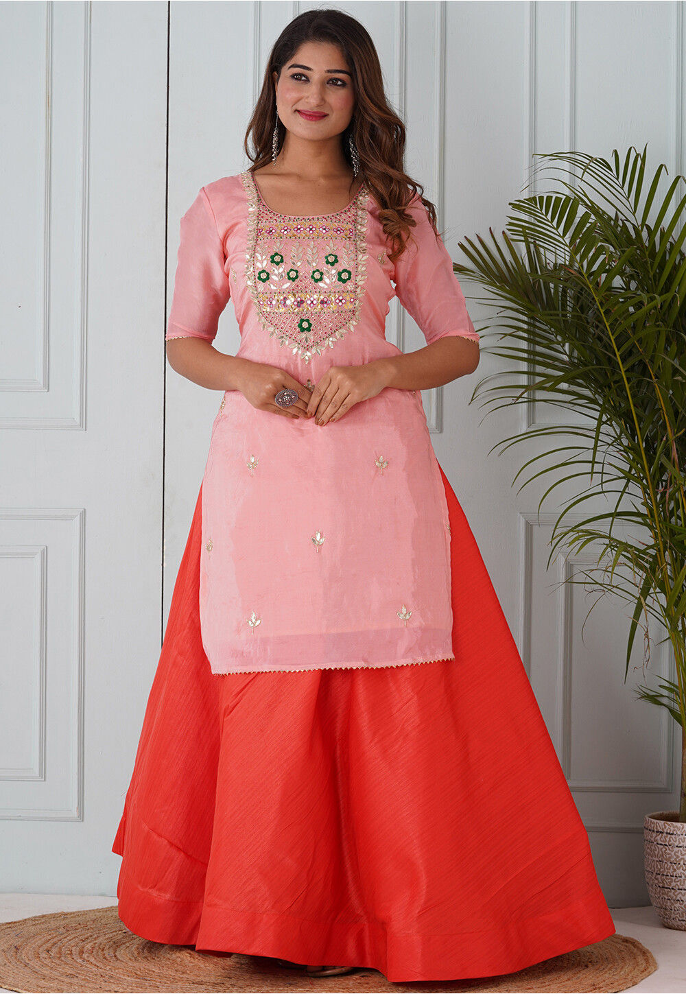 Peach georgette sales solid straight kurta